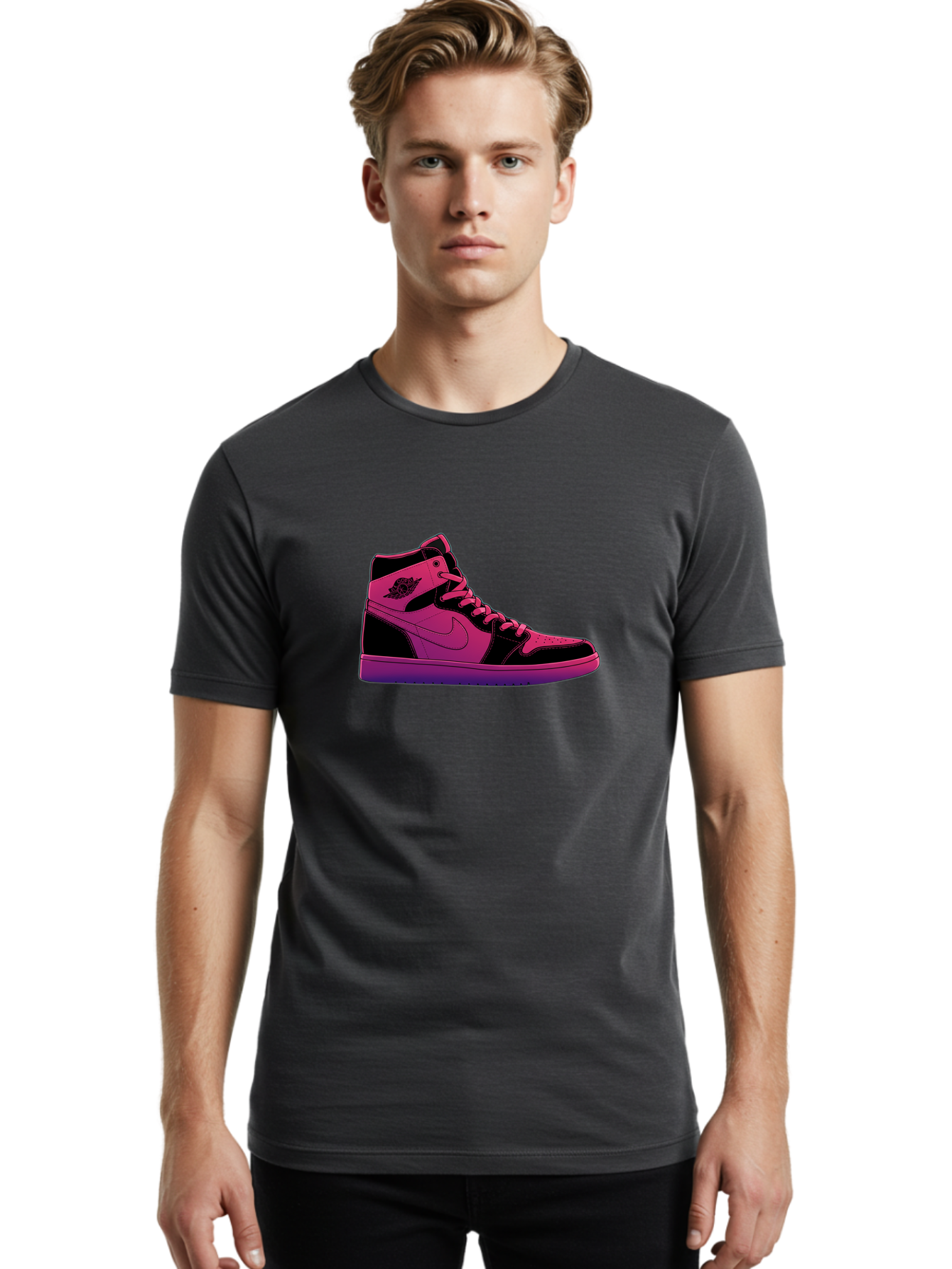 Pink-Nike-High-Top-Sneaker Men'S Graphic Tee, 100% Cotton, Comfortable Casual Summer Wear, Machine Washable, Sneaker Art, Pink And Black Design, Nike Air Jordan 1, High-Top Sneakers, Streetwear Fashion, Iconic Logo, Urban Style, Bab192