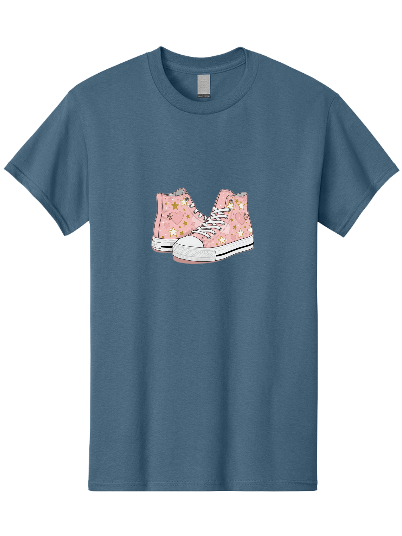 Pink-Star-Converse Men'S Graphic Tee, 100% Cotton, Comfortable Casual Summer Wear, Machine Washable, Pink Converse Sneakers, Star Pattern, Heart Design, White Laces, Fashion Footwear, Casual Style, Sneakers With Hearts, Star-Themed Shoes, Bab194