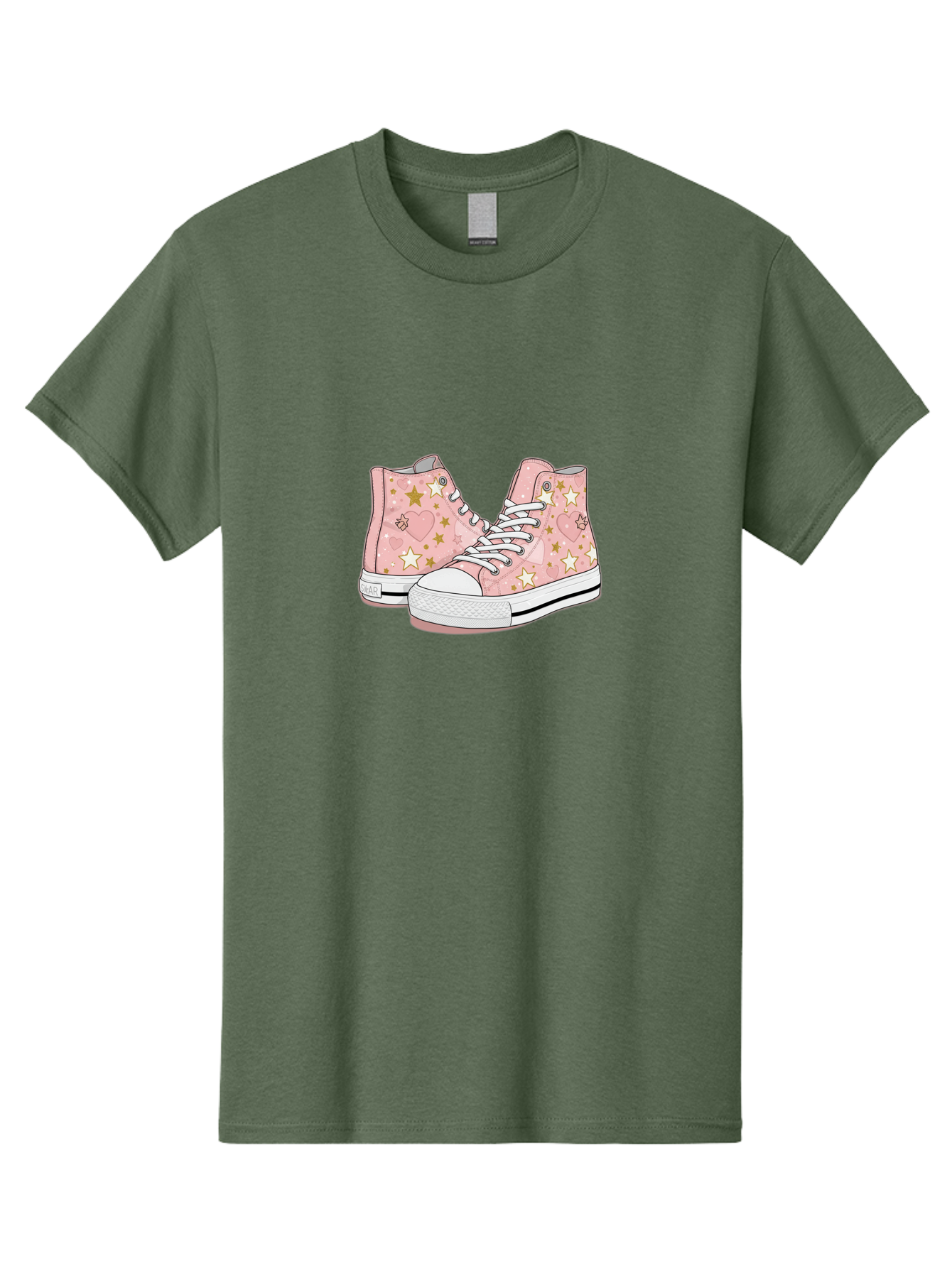 Pink-Star-Converse Men'S Graphic Tee, 100% Cotton, Comfortable Casual Summer Wear, Machine Washable, Pink Converse Sneakers, Star Pattern, Heart Design, White Laces, Fashion Footwear, Casual Style, Sneakers With Hearts, Star-Themed Shoes, Bab194