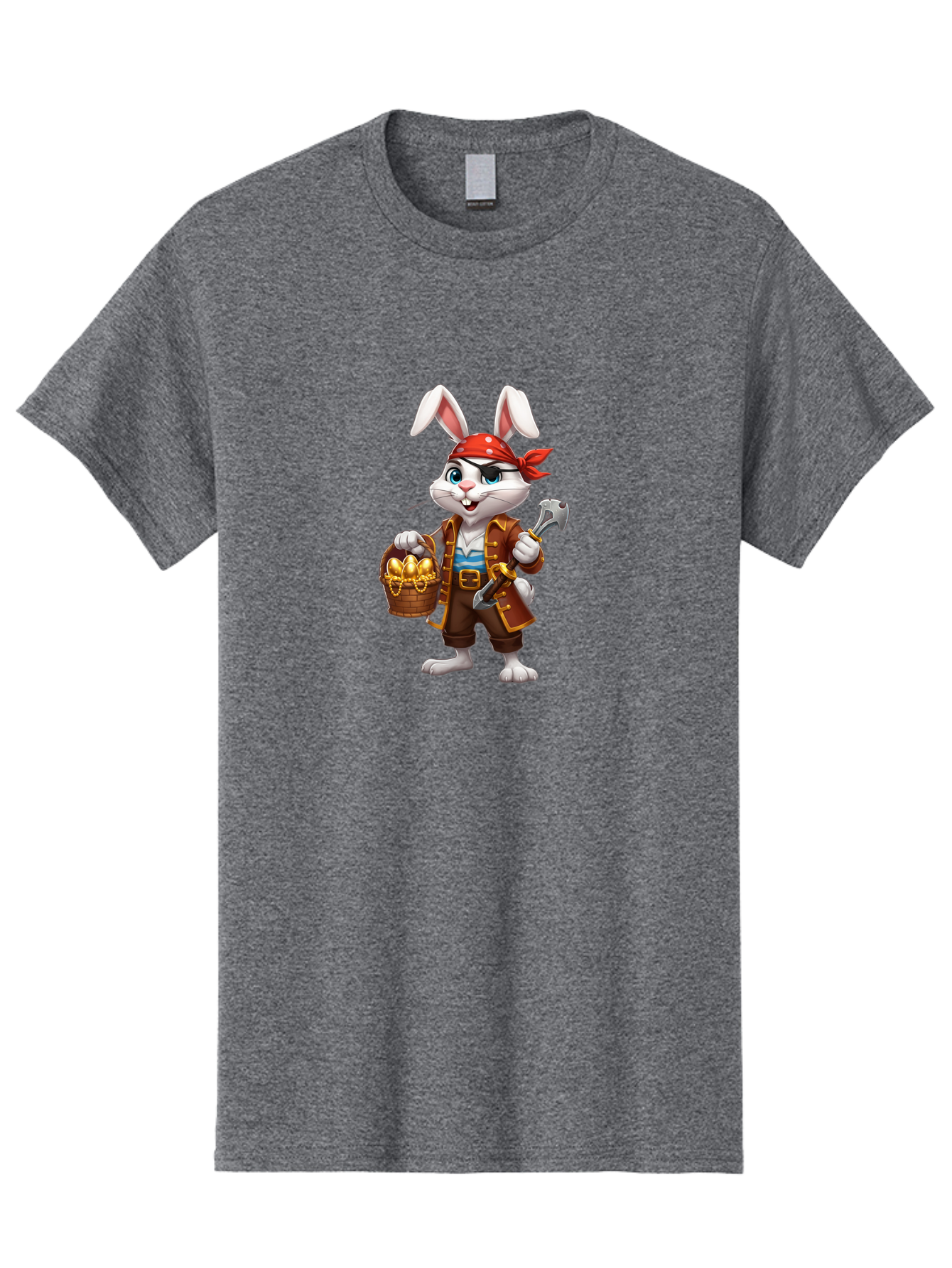 Pirate-Bunny Men'S Graphic Tee, 100% Cotton, Comfortable Casual Summer Wear, Machine Washable, Cartoon Rabbit, Pirate Costume, Red Bandana, Treasure Basket, Golden Eggs, Pirate Hat, Swashbuckling Adventure, Playful Pirate, Fantasy Character, Bab196