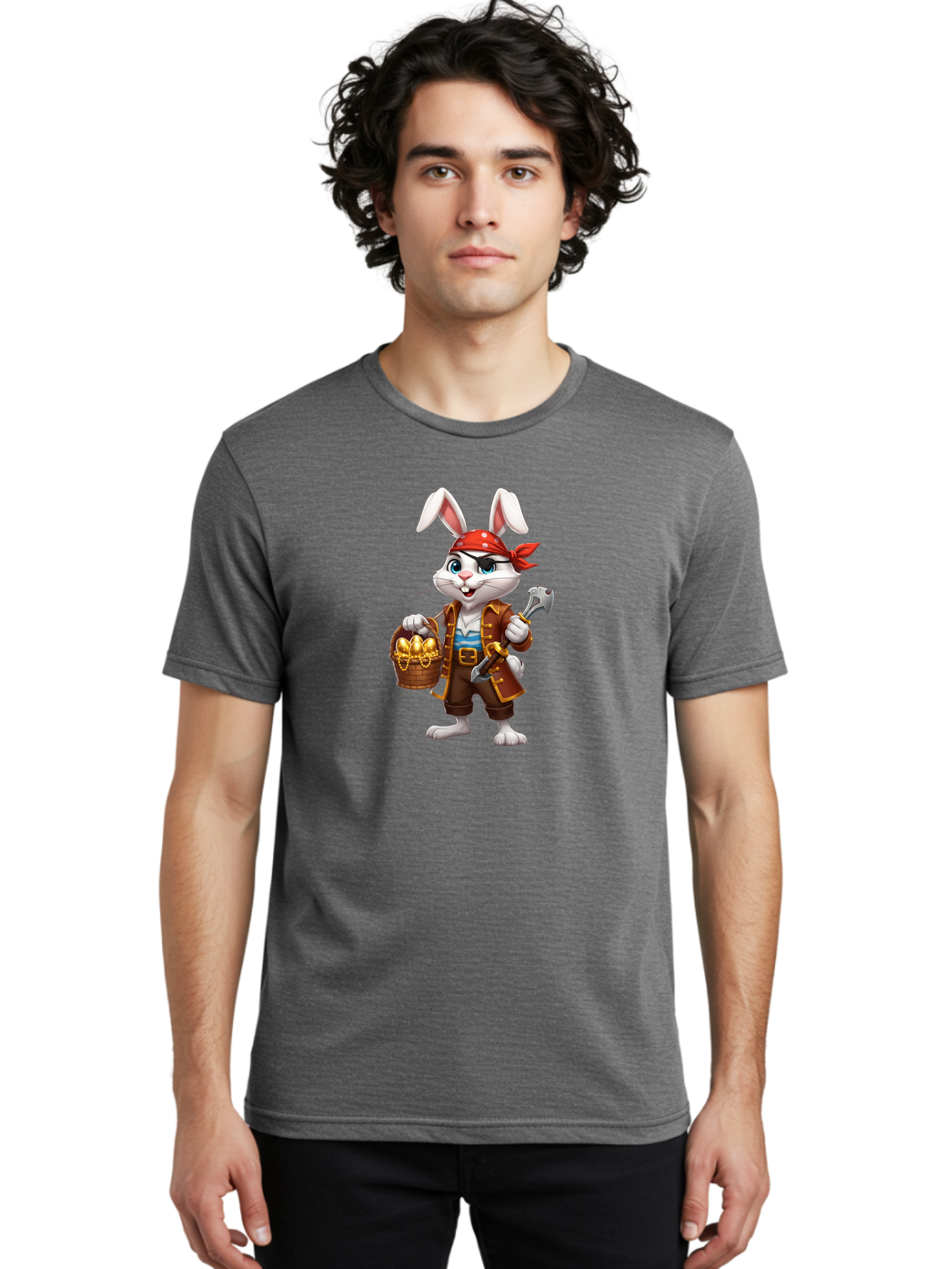 Pirate-Bunny Men'S Graphic Tee, 100% Cotton, Comfortable Casual Summer Wear, Machine Washable, Cartoon Rabbit, Pirate Costume, Red Bandana, Treasure Basket, Golden Eggs, Pirate Hat, Swashbuckling Adventure, Playful Pirate, Fantasy Character, Bab196