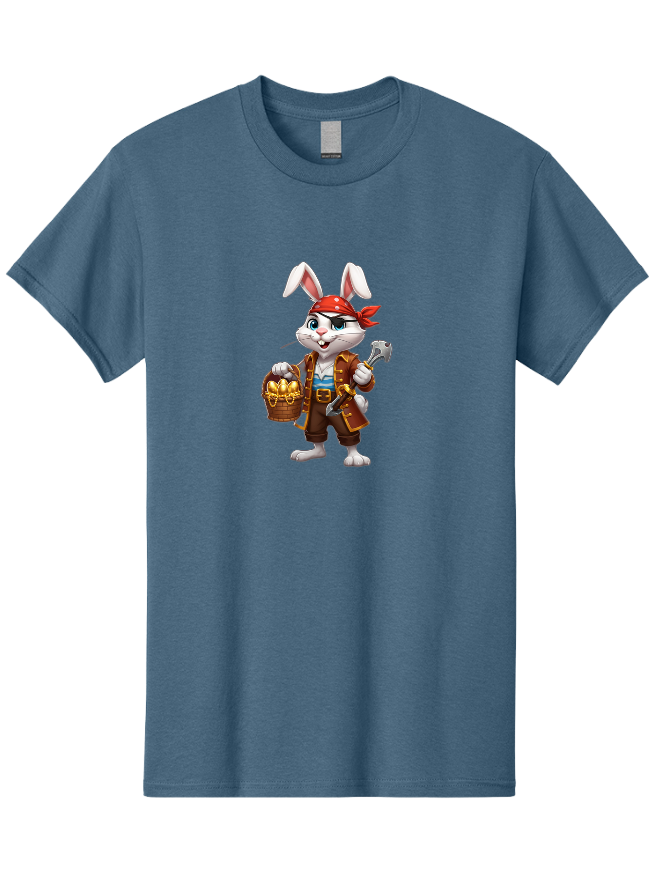 Pirate-Bunny Men'S Graphic Tee, 100% Cotton, Comfortable Casual Summer Wear, Machine Washable, Cartoon Rabbit, Pirate Costume, Red Bandana, Treasure Basket, Golden Eggs, Pirate Hat, Swashbuckling Adventure, Playful Pirate, Fantasy Character, Bab196