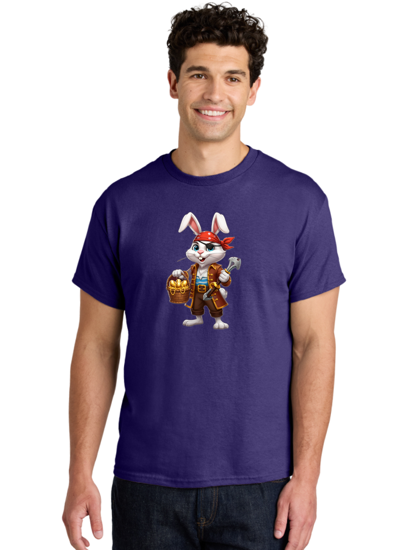 Pirate-Bunny Men'S Graphic Tee, 100% Cotton, Comfortable Casual Summer Wear, Machine Washable, Cartoon Rabbit, Pirate Costume, Red Bandana, Treasure Basket, Golden Eggs, Pirate Hat, Swashbuckling Adventure, Playful Pirate, Fantasy Character, Bab196