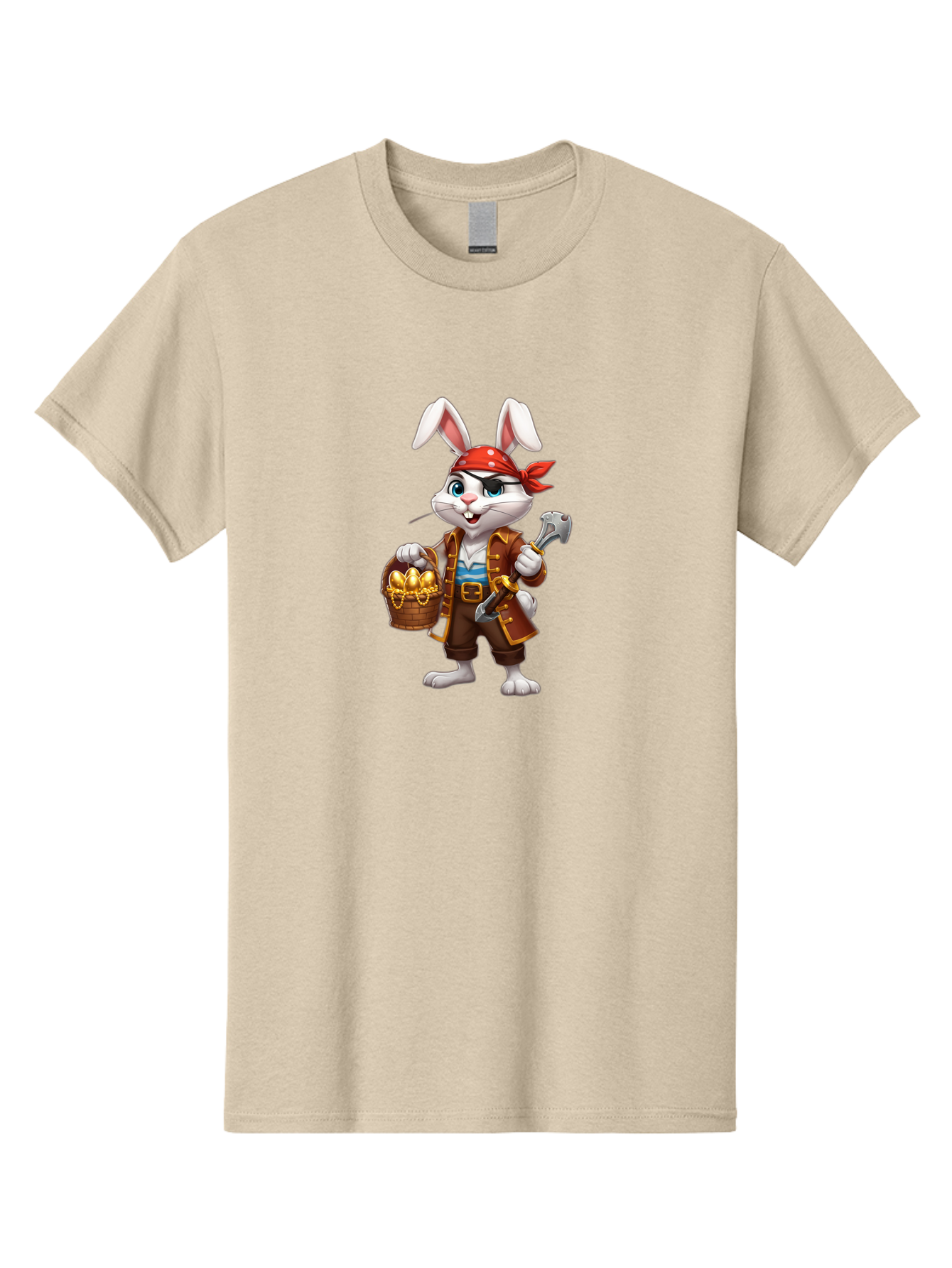 Pirate-Bunny Men'S Graphic Tee, 100% Cotton, Comfortable Casual Summer Wear, Machine Washable, Cartoon Rabbit, Pirate Costume, Red Bandana, Treasure Basket, Golden Eggs, Pirate Hat, Swashbuckling Adventure, Playful Pirate, Fantasy Character, Bab196