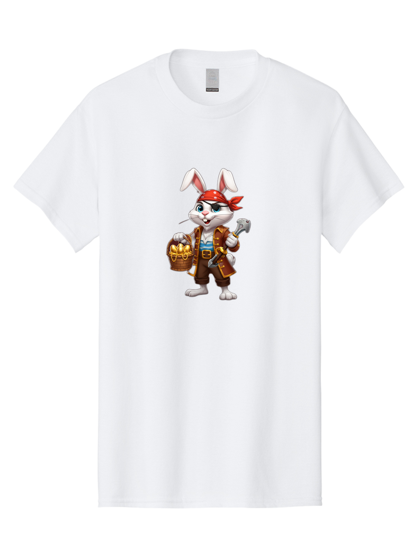 Pirate-Bunny Men'S Graphic Tee, 100% Cotton, Comfortable Casual Summer Wear, Machine Washable, Cartoon Rabbit, Pirate Costume, Red Bandana, Treasure Basket, Golden Eggs, Pirate Hat, Swashbuckling Adventure, Playful Pirate, Fantasy Character, Bab196