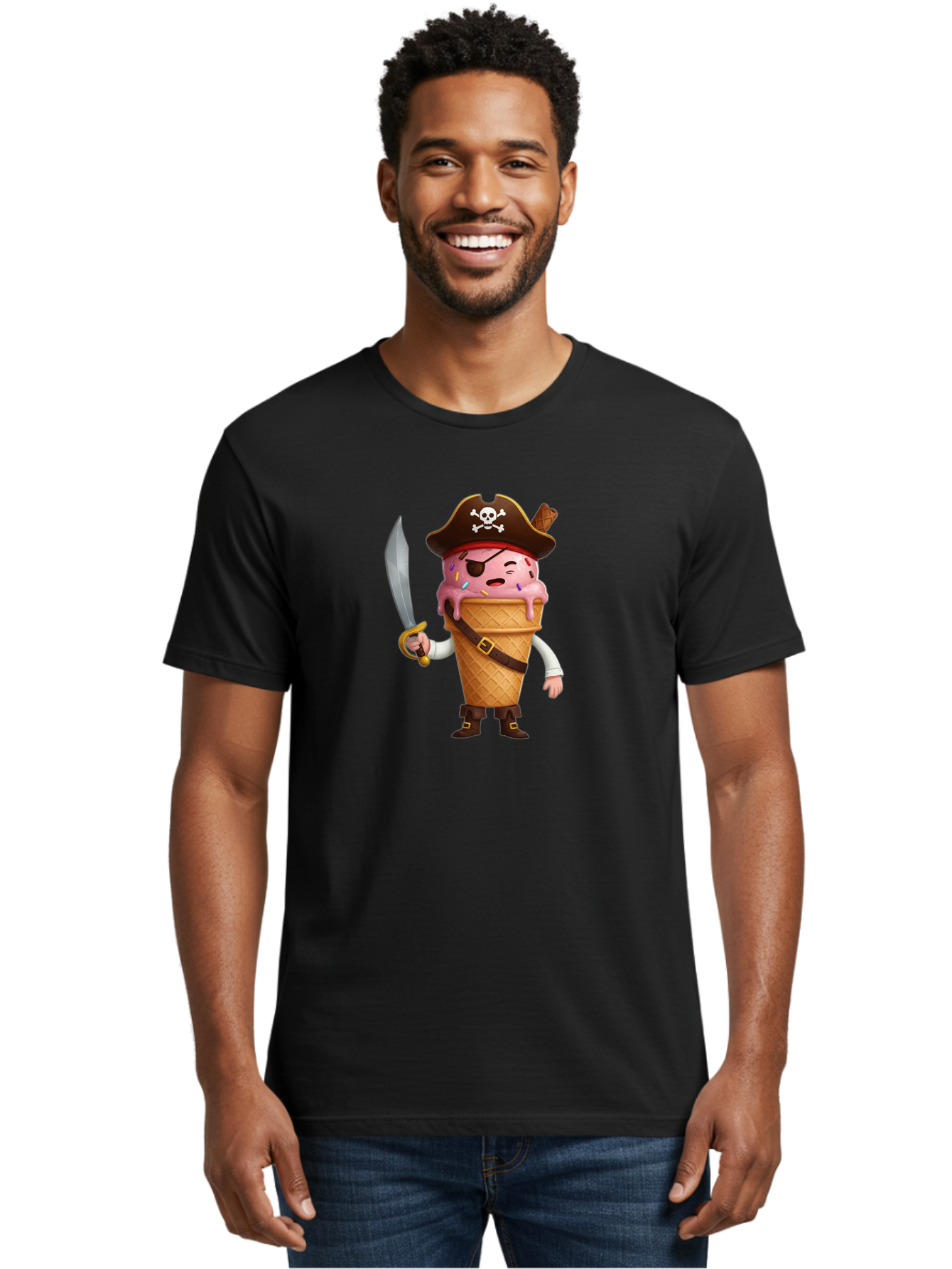 Pirate-Ice-Cream Men'S Graphic Tee, 100% Cotton, Comfortable Casual Summer Wear, Machine Washable, Pirate Ice Cream, Swashbuckling Dessert, Ice Cream Cone Pirate, Sweet Treats, Colorful Sprinkles, Pirate Hat, Eye Patch, Sword, Bab197