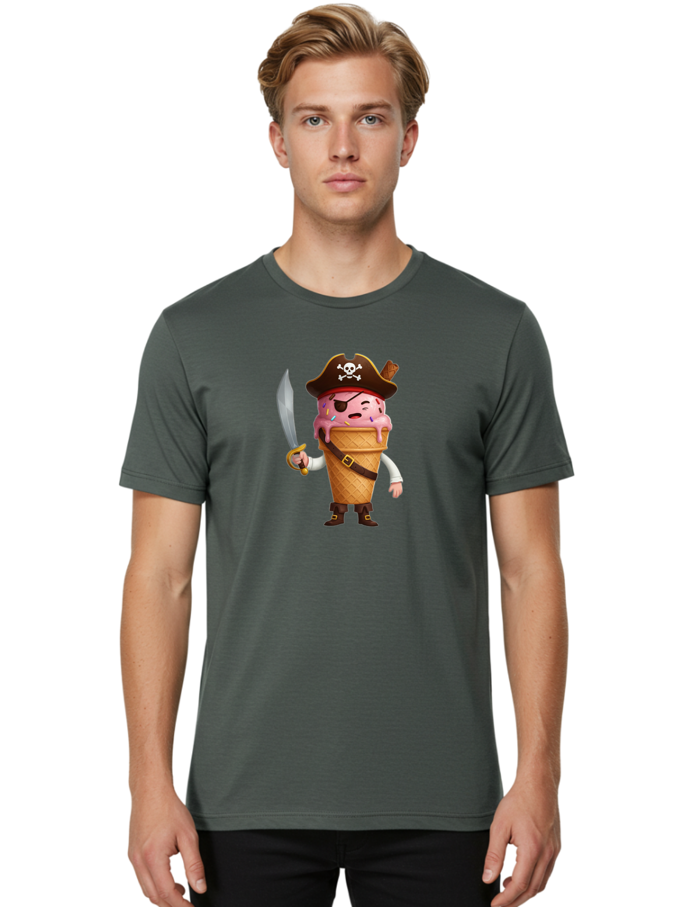Pirate-Ice-Cream Men'S Graphic Tee, 100% Cotton, Comfortable Casual Summer Wear, Machine Washable, Pirate Ice Cream, Swashbuckling Dessert, Ice Cream Cone Pirate, Sweet Treats, Colorful Sprinkles, Pirate Hat, Eye Patch, Sword, Bab197