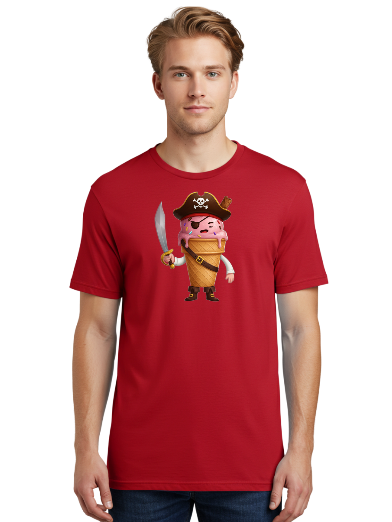 Pirate-Ice-Cream Men'S Graphic Tee, 100% Cotton, Comfortable Casual Summer Wear, Machine Washable, Pirate Ice Cream, Swashbuckling Dessert, Ice Cream Cone Pirate, Sweet Treats, Colorful Sprinkles, Pirate Hat, Eye Patch, Sword, Bab197