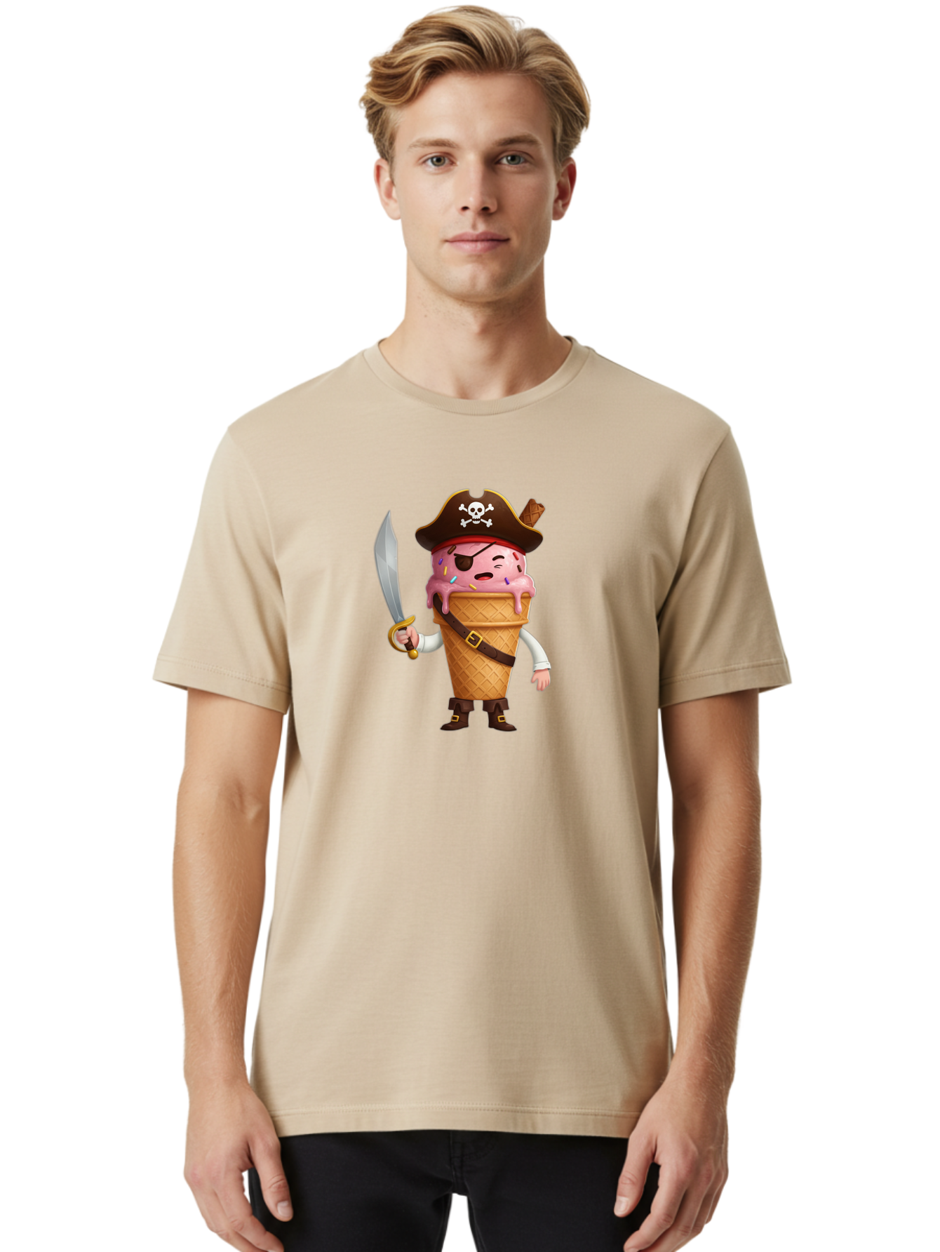 Pirate-Ice-Cream Men'S Graphic Tee, 100% Cotton, Comfortable Casual Summer Wear, Machine Washable, Pirate Ice Cream, Swashbuckling Dessert, Ice Cream Cone Pirate, Sweet Treats, Colorful Sprinkles, Pirate Hat, Eye Patch, Sword, Bab197