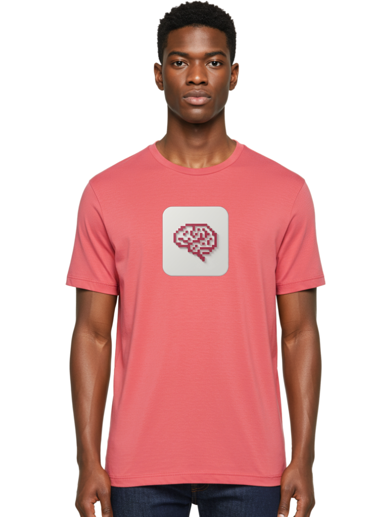 Pixel-Brain Men'S Graphic Tee, 100% Cotton, Comfortable Casual Summer Wear, Machine Washable, Pixel Art Brain, Red Outline, White Background, Rounded Square, Digital Art, Cognitive Icon, Pixelated Design, Brain Illustration, Tech-Inspired Art Bab199