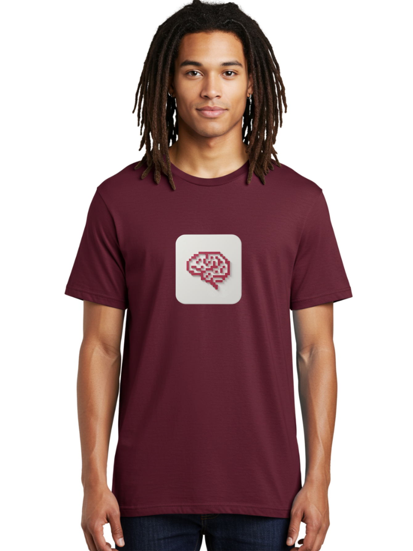Pixel-Brain Men'S Graphic Tee, 100% Cotton, Comfortable Casual Summer Wear, Machine Washable, Pixel Art Brain, Red Outline, White Background, Rounded Square, Digital Art, Cognitive Icon, Pixelated Design, Brain Illustration, Tech-Inspired Art Bab199