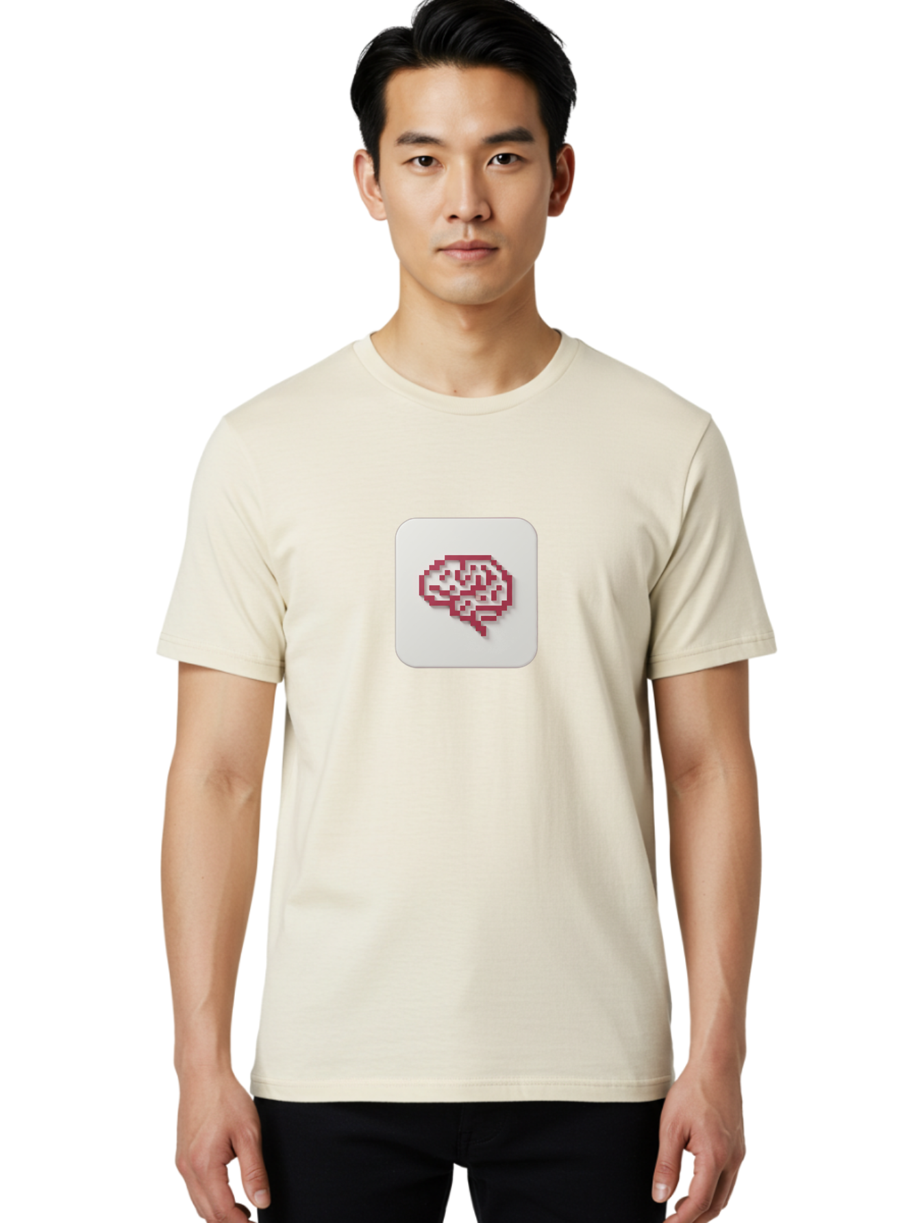 Pixel-Brain Men'S Graphic Tee, 100% Cotton, Comfortable Casual Summer Wear, Machine Washable, Pixel Art Brain, Red Outline, White Background, Rounded Square, Digital Art, Cognitive Icon, Pixelated Design, Brain Illustration, Tech-Inspired Art Bab199