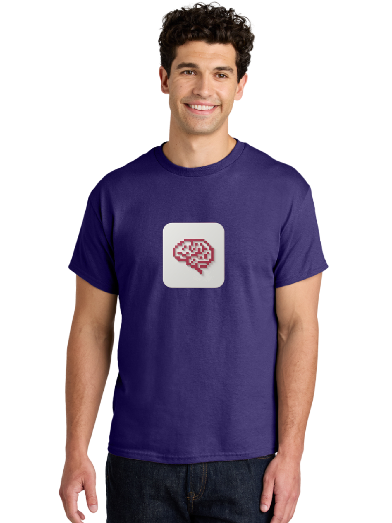 Pixel-Brain Men'S Graphic Tee, 100% Cotton, Comfortable Casual Summer Wear, Machine Washable, Pixel Art Brain, Red Outline, White Background, Rounded Square, Digital Art, Cognitive Icon, Pixelated Design, Brain Illustration, Tech-Inspired Art Bab199