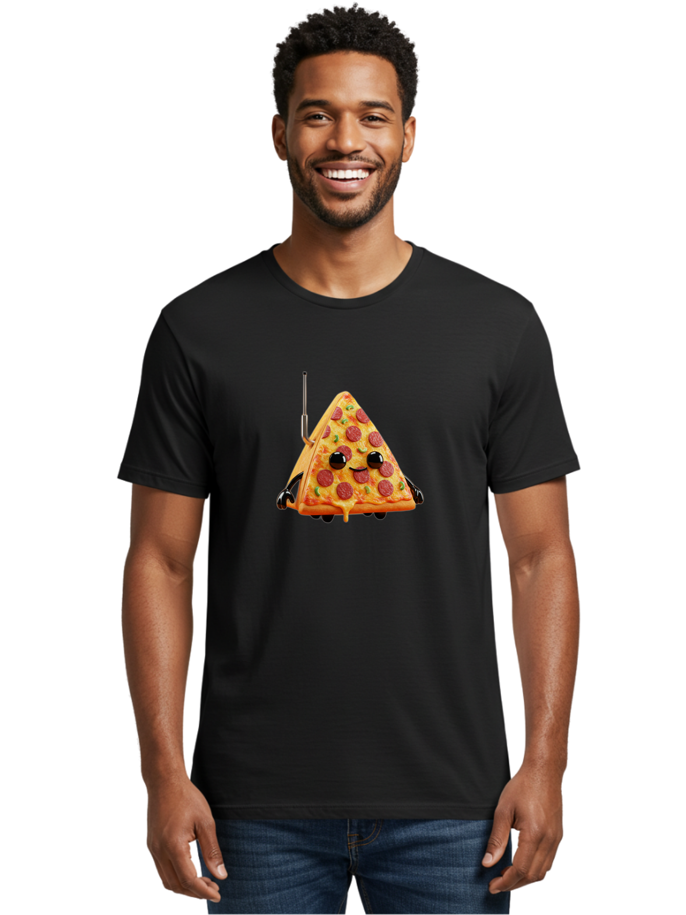 Pizza-Slice-Robot Men'S Graphic Tee, 100% Cotton, Comfortable Casual Summer Wear, Machine Washable, Pepperoni Pizza Slice, Cartoon Character, Robot Arms, Green Herbs, Melted Cheese, Foodie Fun, Animated Food, Robot Pizza Bab205