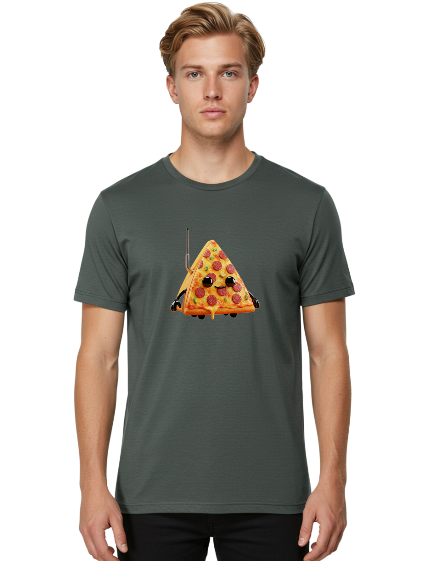 Pizza-Slice-Robot Men'S Graphic Tee, 100% Cotton, Comfortable Casual Summer Wear, Machine Washable, Pepperoni Pizza Slice, Cartoon Character, Robot Arms, Green Herbs, Melted Cheese, Foodie Fun, Animated Food, Robot Pizza Bab205