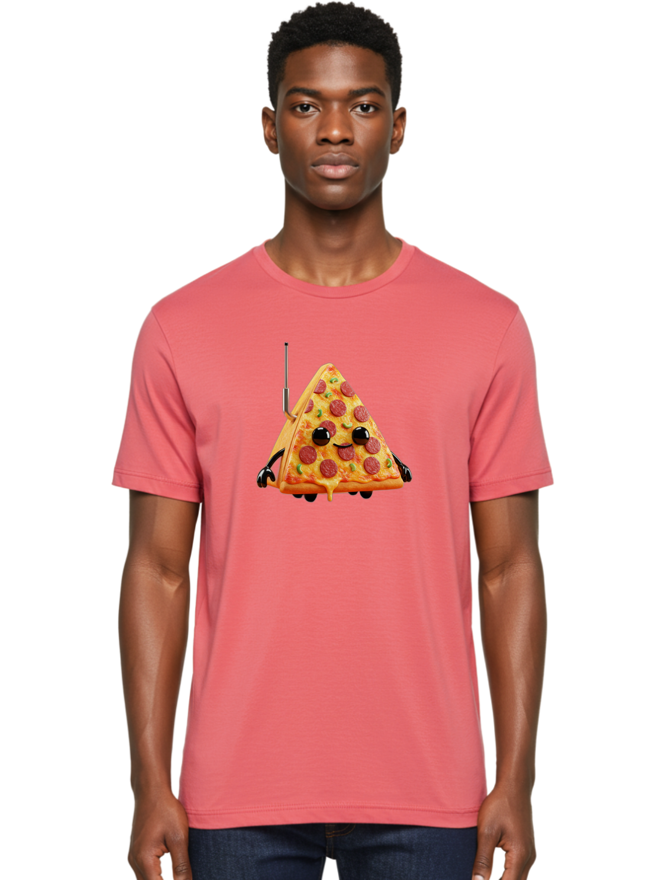 Pizza-Slice-Robot Men'S Graphic Tee, 100% Cotton, Comfortable Casual Summer Wear, Machine Washable, Pepperoni Pizza Slice, Cartoon Character, Robot Arms, Green Herbs, Melted Cheese, Foodie Fun, Animated Food, Robot Pizza Bab205