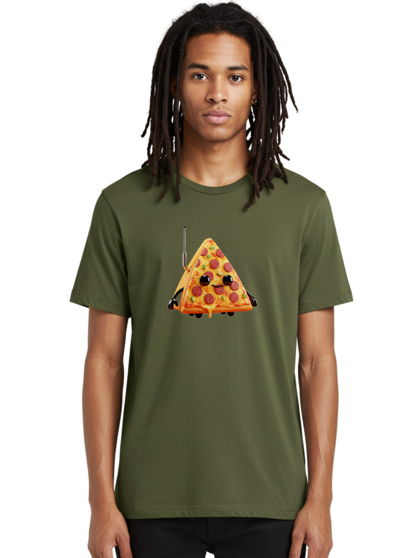 Pizza-Slice-Robot Men'S Graphic Tee, 100% Cotton, Comfortable Casual Summer Wear, Machine Washable, Pepperoni Pizza Slice, Cartoon Character, Robot Arms, Green Herbs, Melted Cheese, Foodie Fun, Animated Food, Robot Pizza Bab205