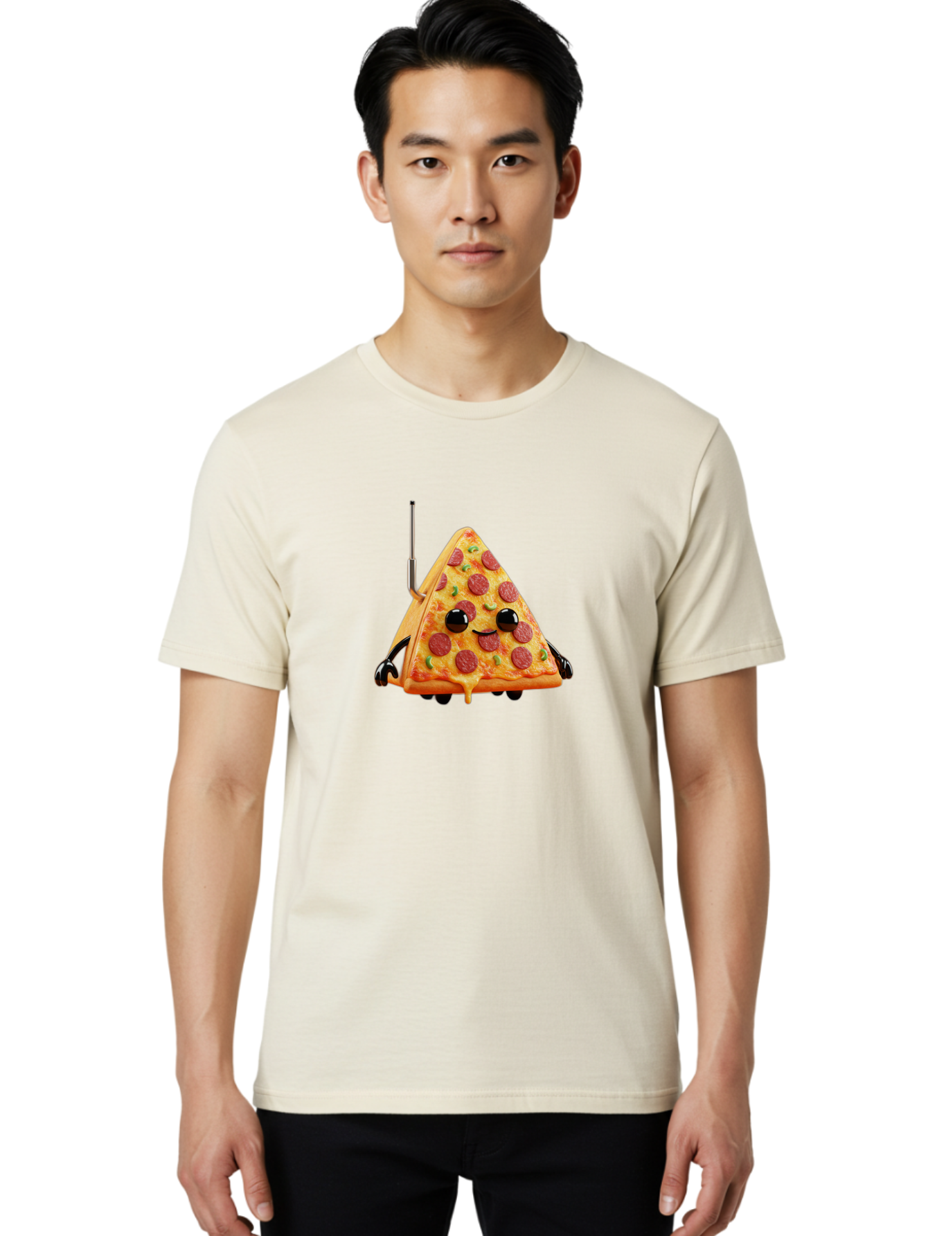 Pizza-Slice-Robot Men'S Graphic Tee, 100% Cotton, Comfortable Casual Summer Wear, Machine Washable, Pepperoni Pizza Slice, Cartoon Character, Robot Arms, Green Herbs, Melted Cheese, Foodie Fun, Animated Food, Robot Pizza Bab205