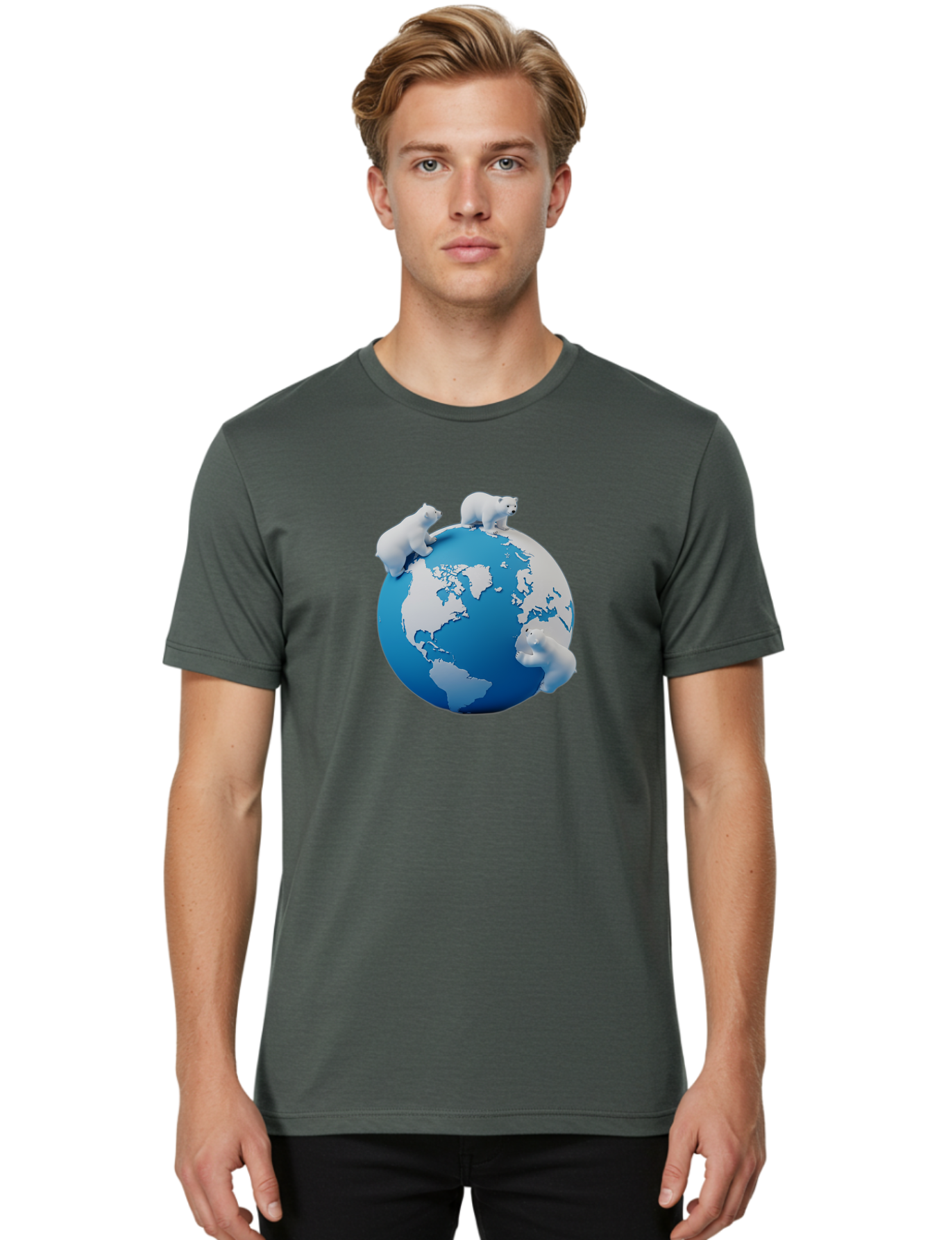 Polar-Bears-On-Globe Men'S Graphic Tee, 100% Cotton, Comfortable Casual Summer Wear, Machine Washable, Polar Bears On Globe, Global Unity, World Map, Wildlife Conservation, Environmental Awareness, Polar Bear Protection, Eco-Friendly, Bab210