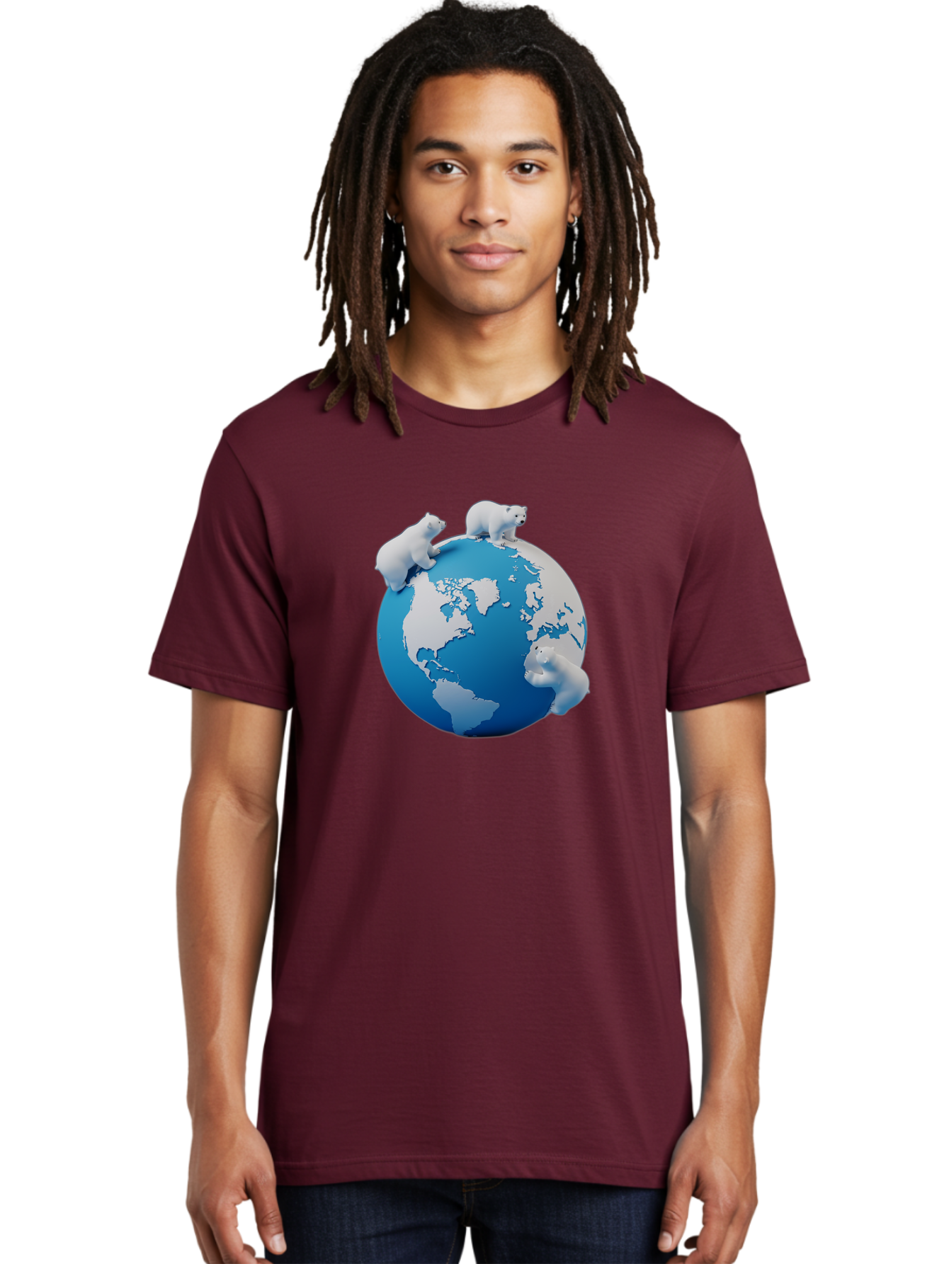 Polar-Bears-On-Globe Men'S Graphic Tee, 100% Cotton, Comfortable Casual Summer Wear, Machine Washable, Polar Bears On Globe, Global Unity, World Map, Wildlife Conservation, Environmental Awareness, Polar Bear Protection, Eco-Friendly, Bab210