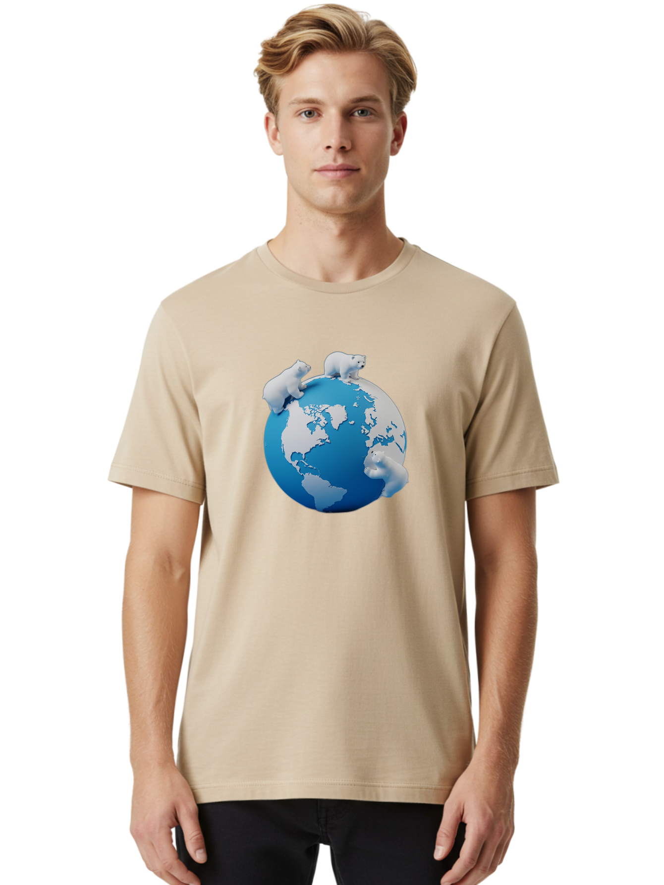 Polar-Bears-On-Globe Men'S Graphic Tee, 100% Cotton, Comfortable Casual Summer Wear, Machine Washable, Polar Bears On Globe, Global Unity, World Map, Wildlife Conservation, Environmental Awareness, Polar Bear Protection, Eco-Friendly, Bab210