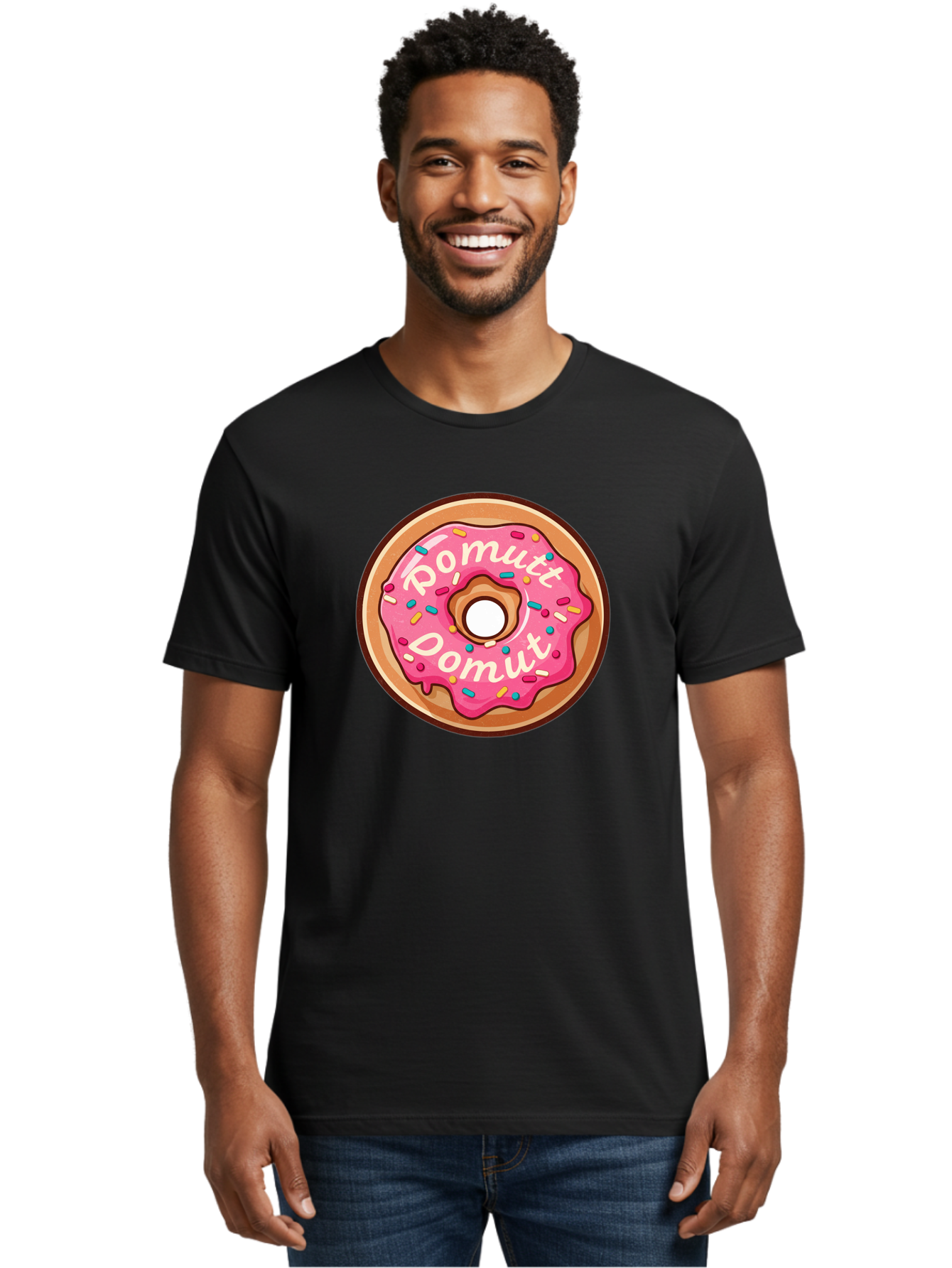 Pomutt-Pomutt-Donut Men'S Graphic Tee, 100% Cotton, Comfortable Casual Summer Wear, Machine Washable, Pink Frosted Donut, Donut With Sprinkles, Sweet Treat, Tasty Dessert, Colorful Donut, Pomutt Pomutt, Donut Illustration, Donut Art Bab212