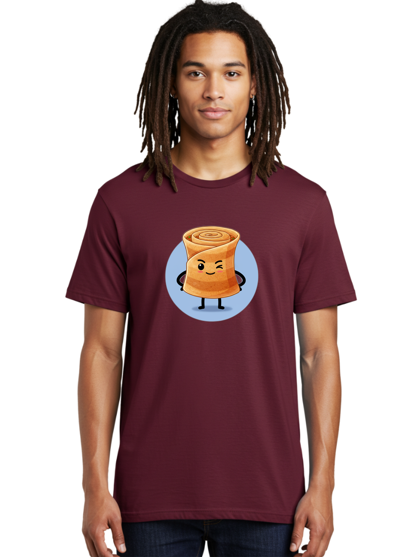 Popiah Men'S Graphic Tee, 100% Cotton, Comfortable Casual Summer Wear, Machine Washable, Cartoon Cinnamon Roll, Smiling Face, Winking, Cute Pastry, Baked Goods, Sweet Treats, Delicious Dessert, Kawaii Character, Adorable Illustration Bab213