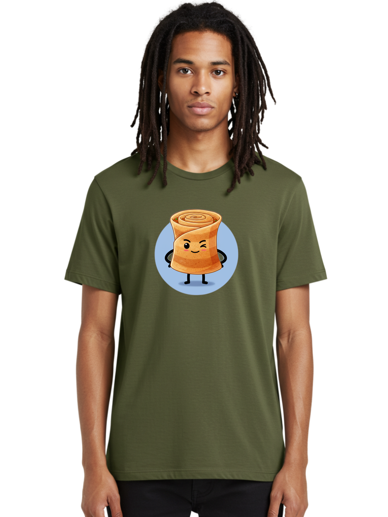 Popiah Men'S Graphic Tee, 100% Cotton, Comfortable Casual Summer Wear, Machine Washable, Cartoon Cinnamon Roll, Smiling Face, Winking, Cute Pastry, Baked Goods, Sweet Treats, Delicious Dessert, Kawaii Character, Adorable Illustration Bab213