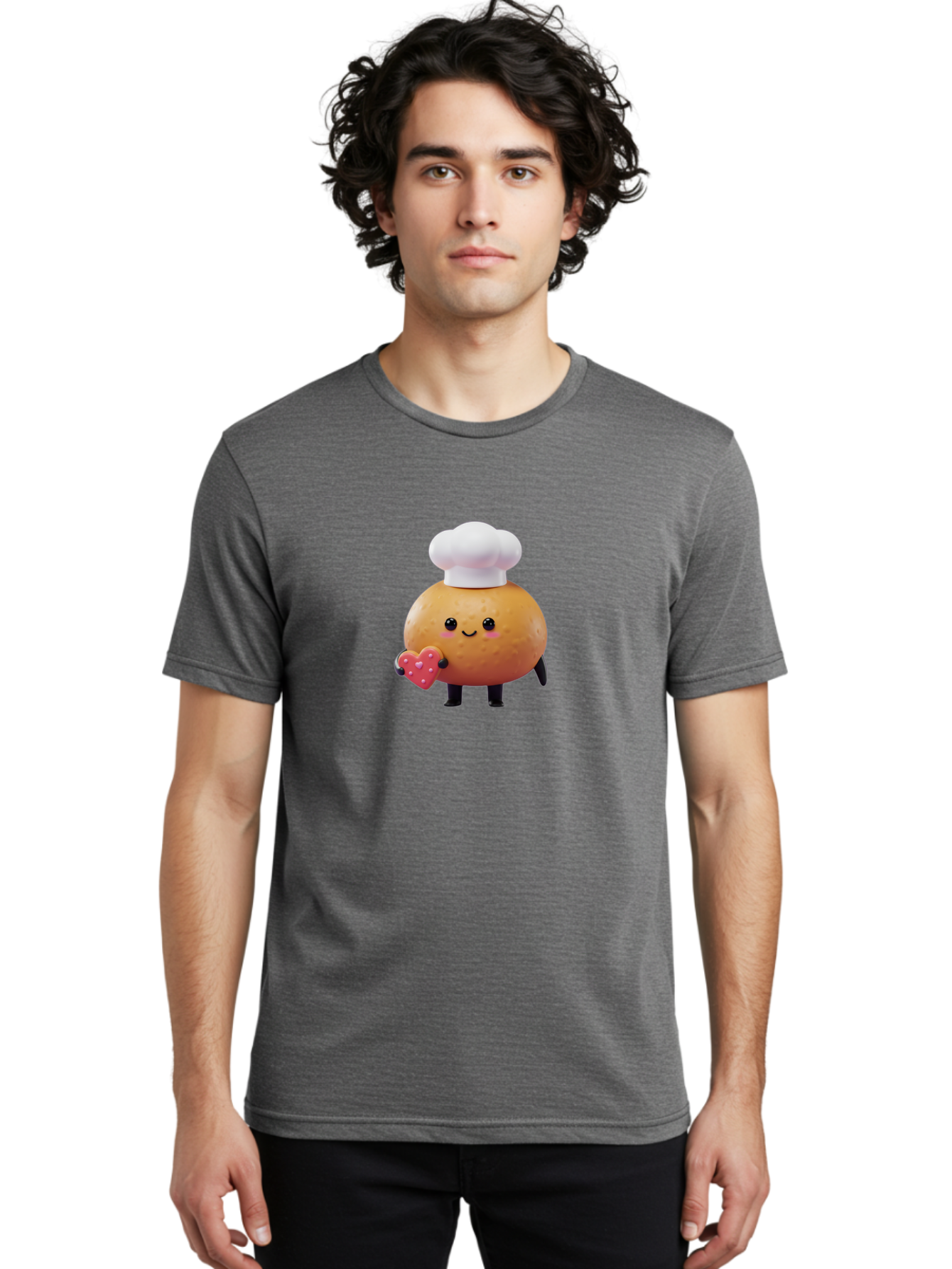 Potato-Chef-1 Men'S Graphic Tee, 100% Cotton, Comfortable Casual Summer Wear, Machine Washable, Cartoon Potato, Chef Hat, Heart-Shaped Cookie, Cute Character, Baking Theme, Kawaii Style, Sweet Treats, Adorable Design, Cookie Love, Bab214