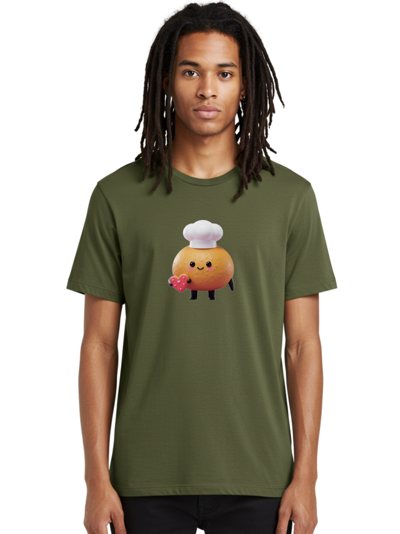 Potato-Chef-1 Men'S Graphic Tee, 100% Cotton, Comfortable Casual Summer Wear, Machine Washable, Cartoon Potato, Chef Hat, Heart-Shaped Cookie, Cute Character, Baking Theme, Kawaii Style, Sweet Treats, Adorable Design, Cookie Love, Bab214