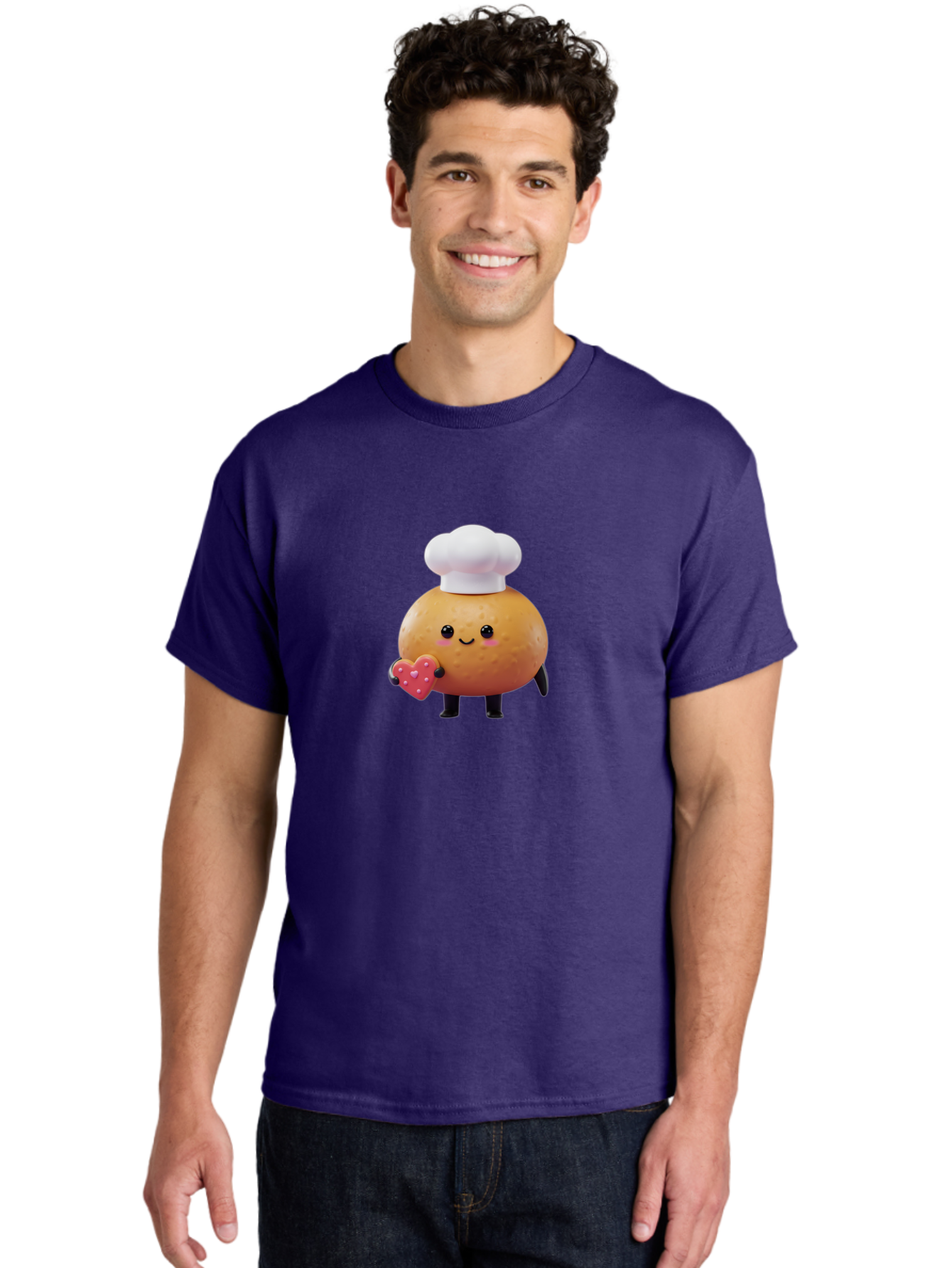 Potato-Chef-1 Men'S Graphic Tee, 100% Cotton, Comfortable Casual Summer Wear, Machine Washable, Cartoon Potato, Chef Hat, Heart-Shaped Cookie, Cute Character, Baking Theme, Kawaii Style, Sweet Treats, Adorable Design, Cookie Love, Bab214