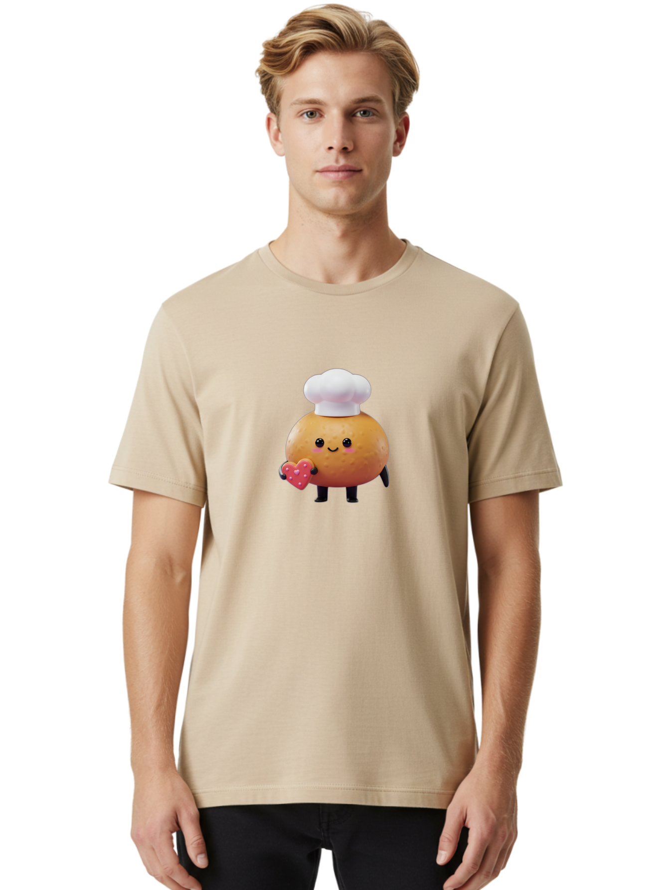 Potato-Chef-1 Men'S Graphic Tee, 100% Cotton, Comfortable Casual Summer Wear, Machine Washable, Cartoon Potato, Chef Hat, Heart-Shaped Cookie, Cute Character, Baking Theme, Kawaii Style, Sweet Treats, Adorable Design, Cookie Love, Bab214