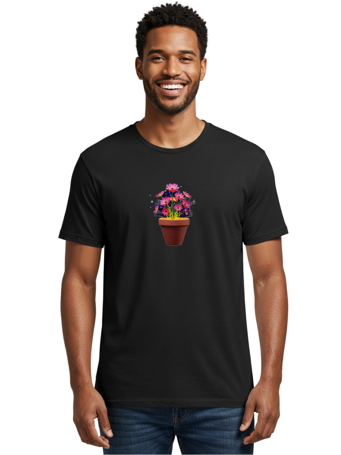 Potted-Flowers Men'S Graphic Tee, 100% Cotton, Comfortable Casual Summer Wear, Machine Washable, Pink Flowers, Terracotta Pot, Blooming Flowers, Floral Arrangement, Whimsical Illustration, Vibrant Flowers, Decorative Pot, Flower Pot Bab217