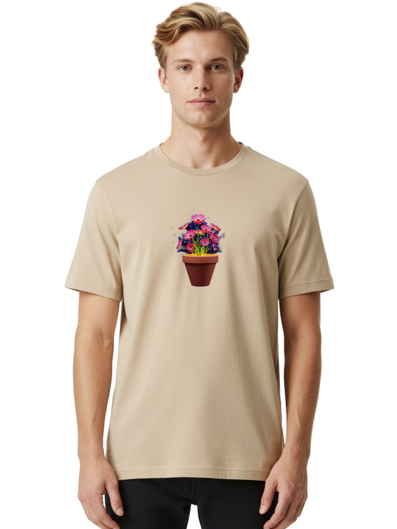 Potted-Flowers Men'S Graphic Tee, 100% Cotton, Comfortable Casual Summer Wear, Machine Washable, Pink Flowers, Terracotta Pot, Blooming Flowers, Floral Arrangement, Whimsical Illustration, Vibrant Flowers, Decorative Pot, Flower Pot Bab217