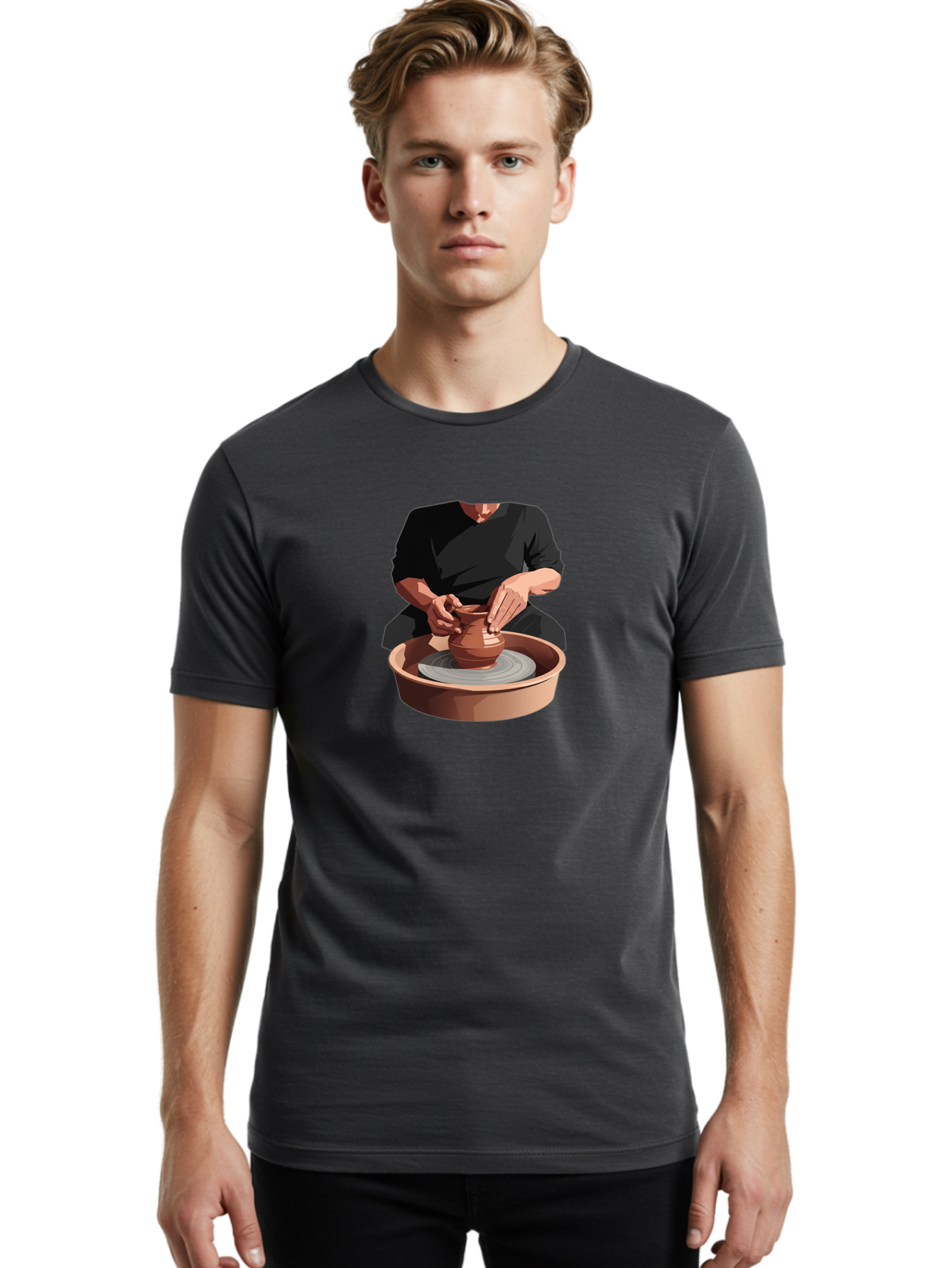Potter-At-Work-1 Men'S Graphic Tee, 100% Cotton, Comfortable Casual Summer Wear, Machine Washable, Potter Shaping Clay Pot, Pottery Wheel In Action, Pottery Making Process, Hands-On Craftsmanship, Clay Vessel Creation, Artistic Expression, Bab219