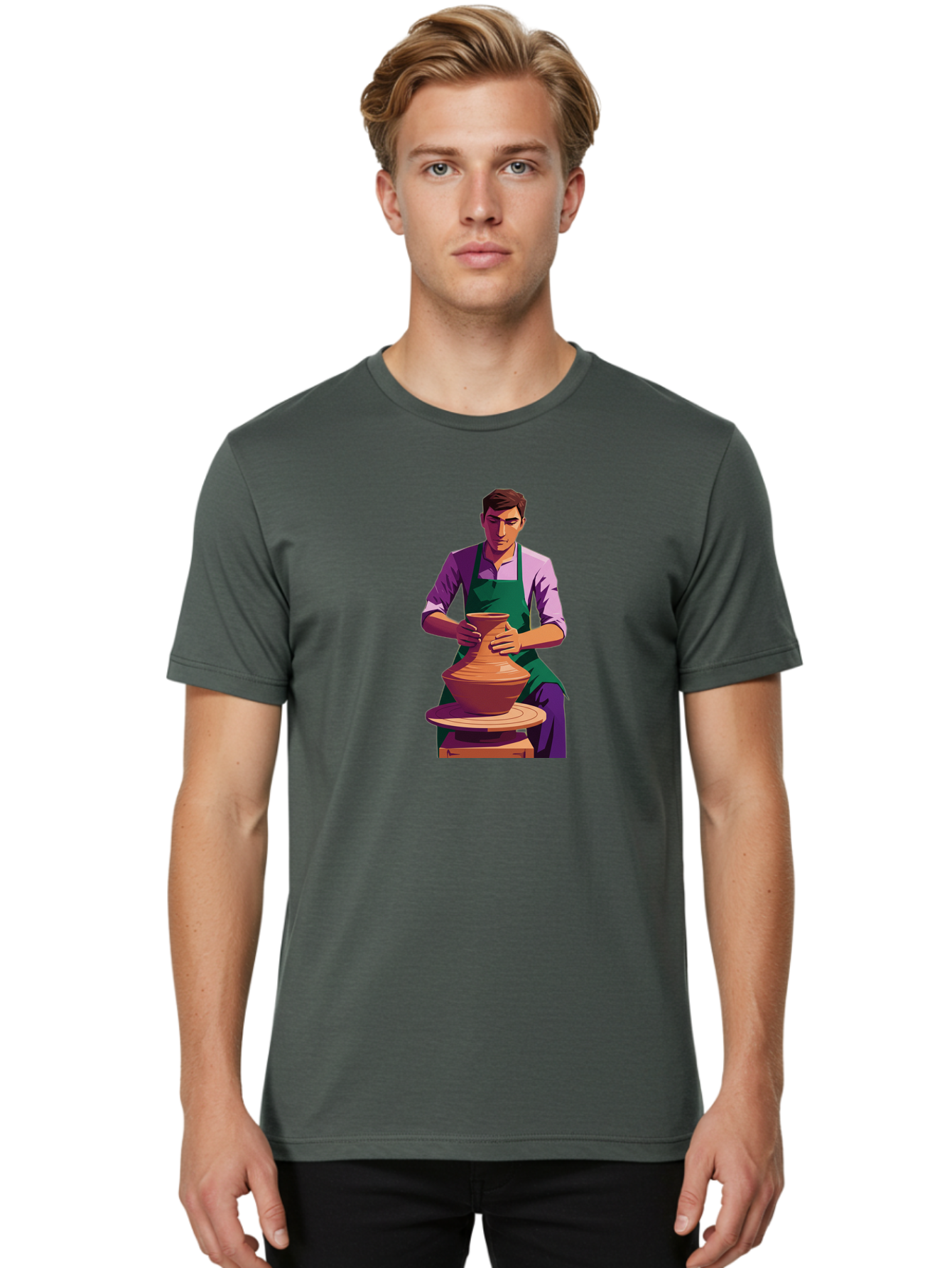 Potter-At-Work-5 Men'S Graphic Tee, 100% Cotton, Comfortable Casual Summer Wear, Machine Washable, Potter Shaping Clay, Handmade Pottery, Ceramic Art, Potter'S Wheel, Craftsmanship, Artisan Skills, Creative Process, Clay Modeling, Bab224