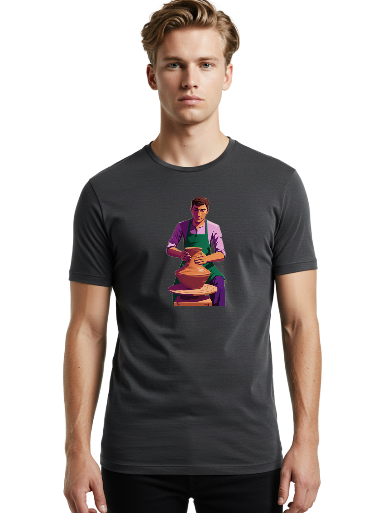 Potter-At-Work-5 Men'S Graphic Tee, 100% Cotton, Comfortable Casual Summer Wear, Machine Washable, Potter Shaping Clay, Handmade Pottery, Ceramic Art, Potter'S Wheel, Craftsmanship, Artisan Skills, Creative Process, Clay Modeling, Bab224