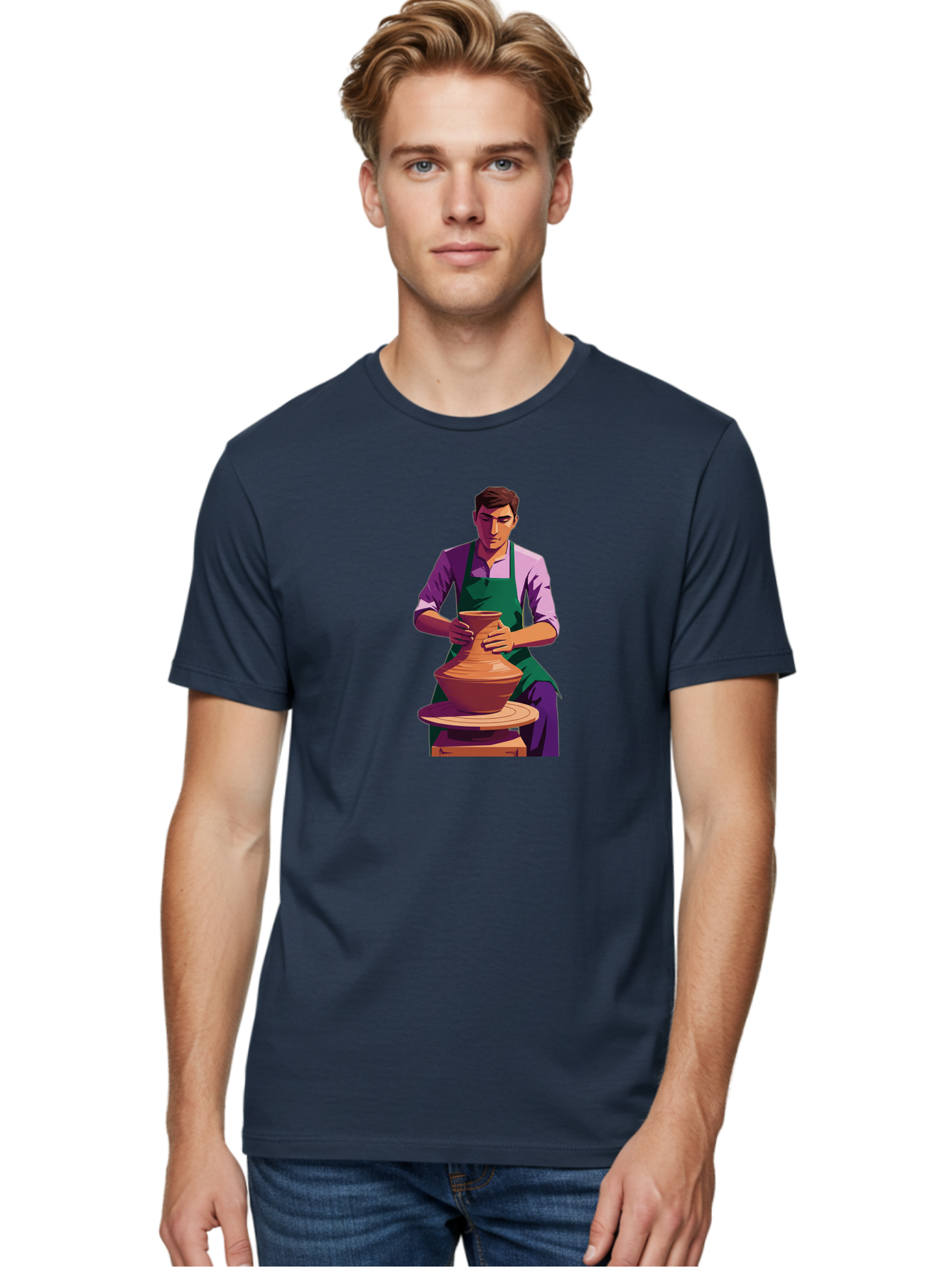 Potter-At-Work-5 Men'S Graphic Tee, 100% Cotton, Comfortable Casual Summer Wear, Machine Washable, Potter Shaping Clay, Handmade Pottery, Ceramic Art, Potter'S Wheel, Craftsmanship, Artisan Skills, Creative Process, Clay Modeling, Bab224
