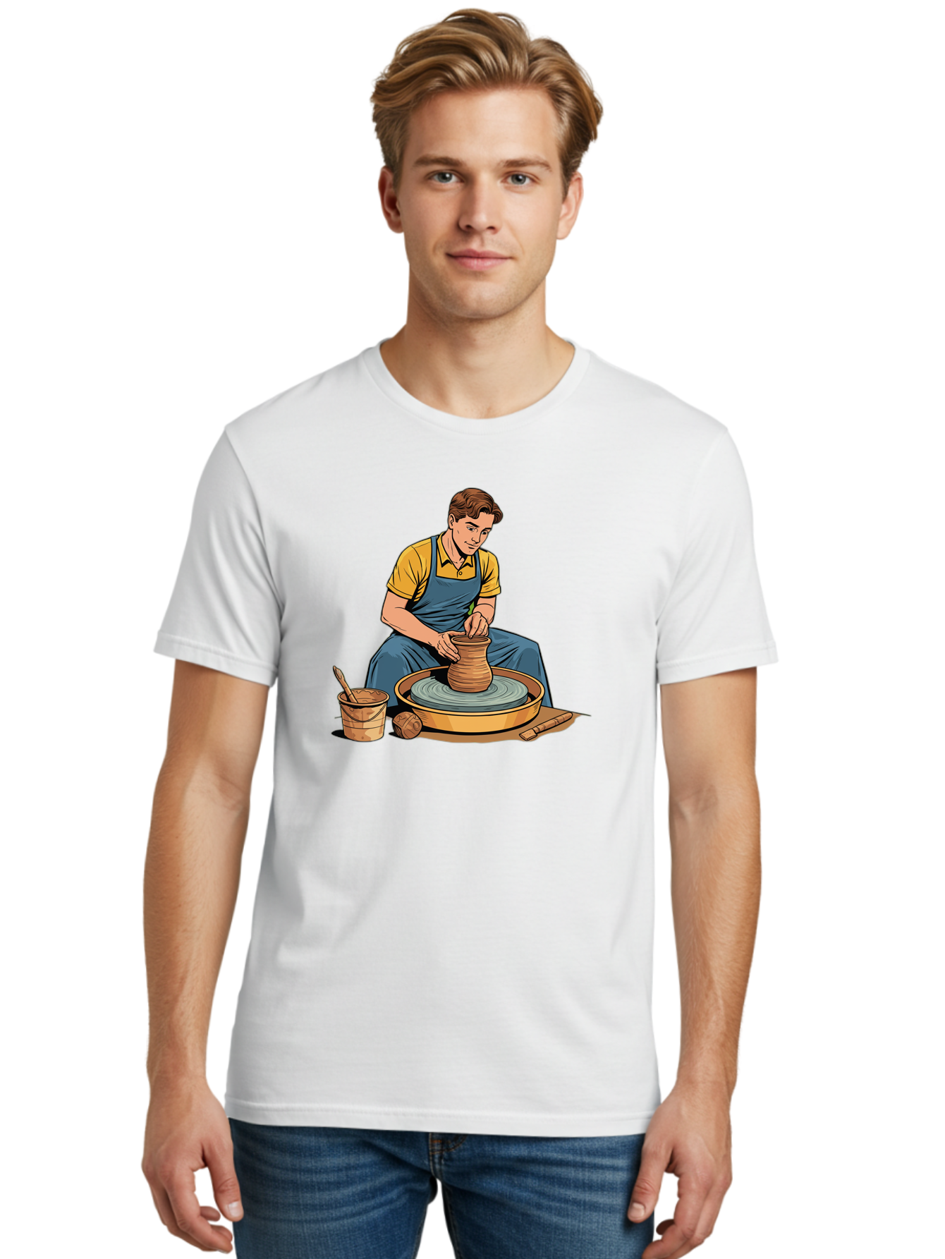Potter-At-Work-9 Men'S Graphic Tee, 100% Cotton, Comfortable Casual Summer Wear, Machine Washable, Potter Shaping Clay, Pottery Wheel In Action, Crafting Ceramics, Artisanal Skills, Pottery Making, Handmade Crafts, Creative Process Bab228