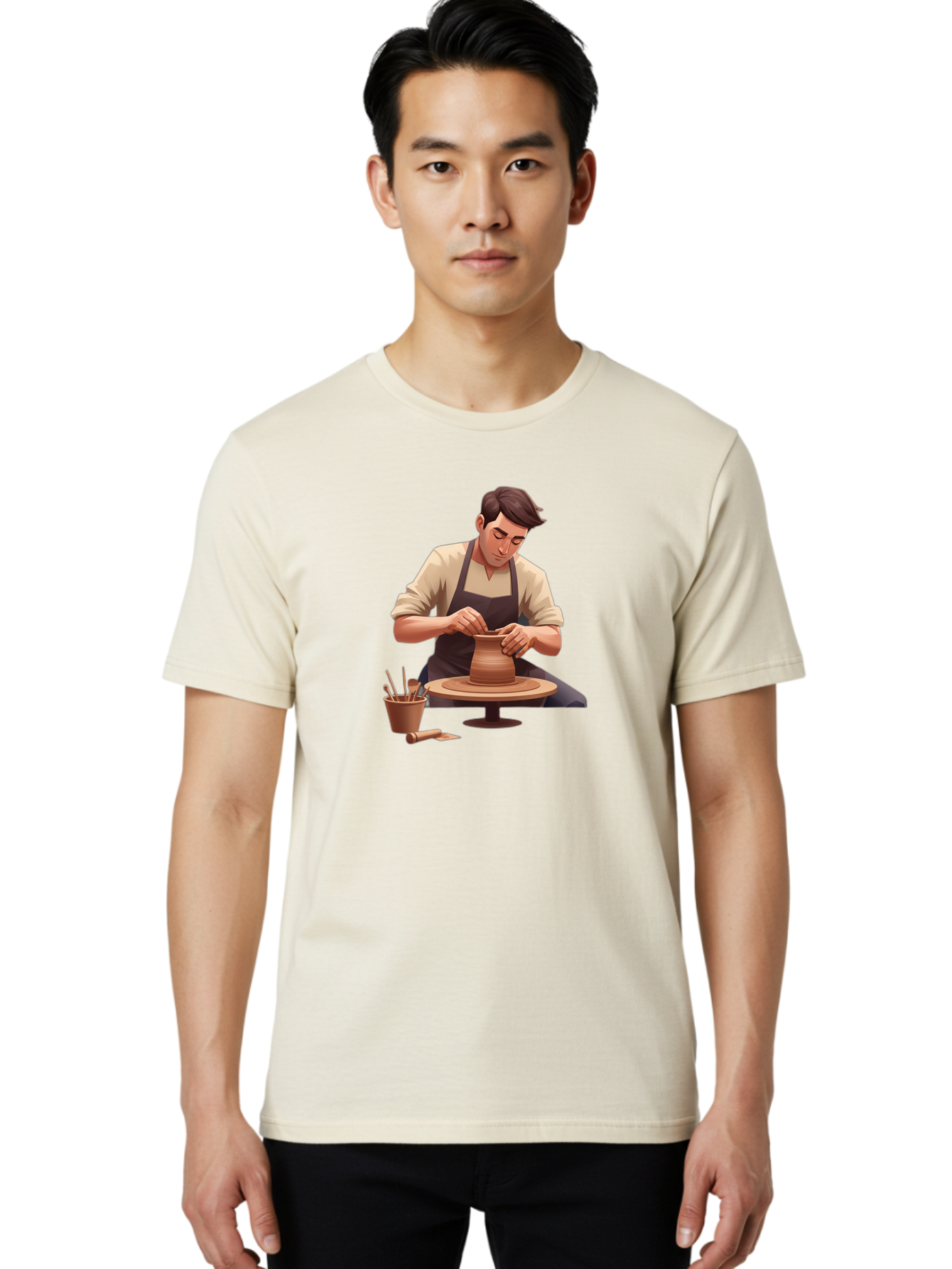 Potter-At-Work Men'S Graphic Tee, 100% Cotton, Comfortable Casual Summer Wear, Machine Washable, Potter Shaping Clay, Pottery Wheel, Creative Process, Craftsmanship, Handmade Ceramics, Artisanal Pottery, Clay Modeling, Pottery Tools Bab229