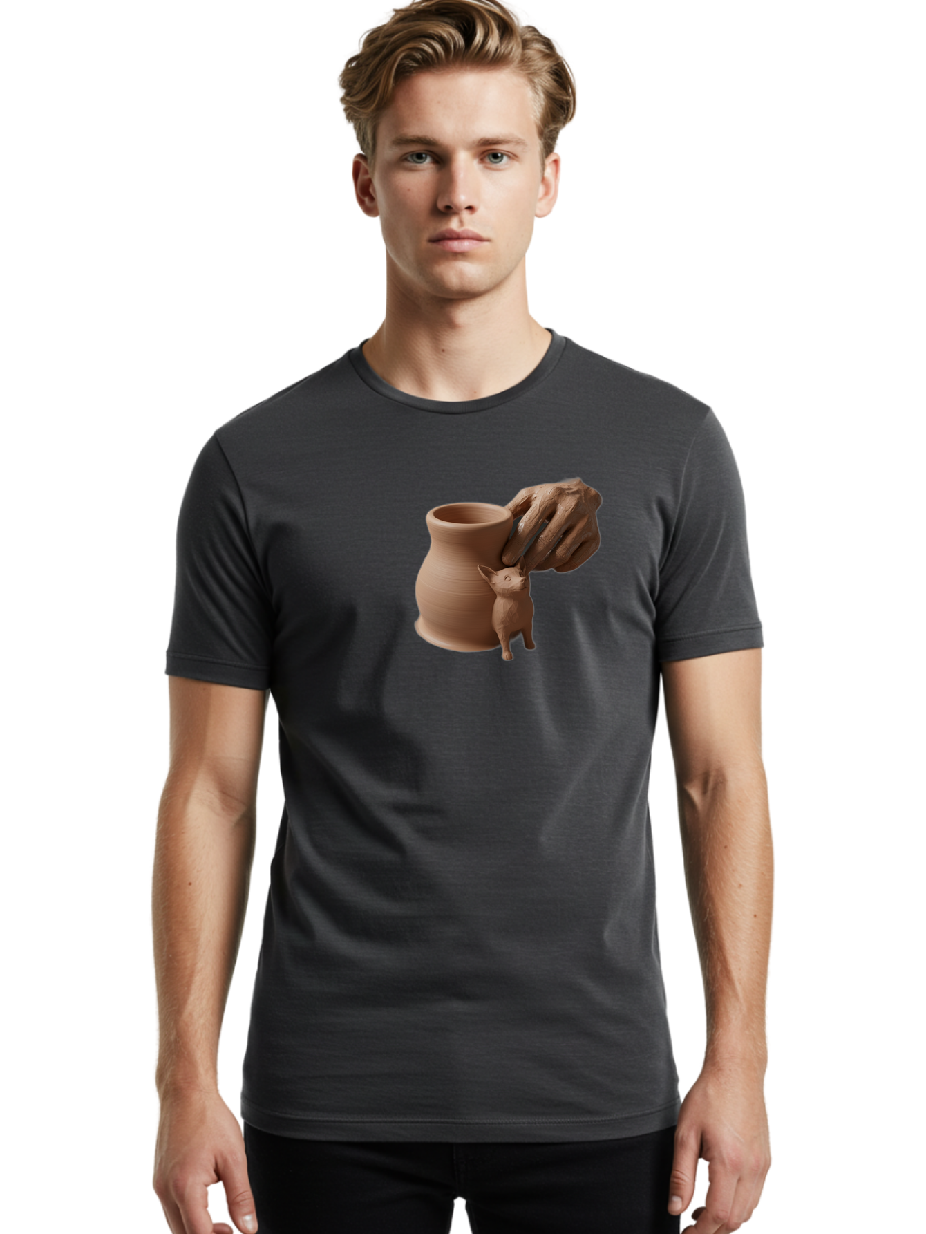 Potter-S-Hand Men'S Graphic Tee, 100% Cotton, Comfortable Casual Summer Wear, Machine Washable, Clay Pottery, Handmade Ceramics, Pottery Wheel, Earthenware, Clay Modeling, Sculpting, Creative Expression, Artistic Process, Pottery Art, Bab230