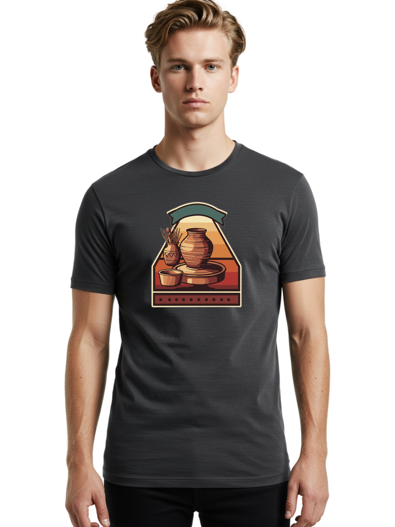 Potter-S-Wheel-4 Men'S Graphic Tee, 100% Cotton, Comfortable Casual Summer Wear, Machine Washable, Potter'S Wheel, Clay Pot, Ceramic Vase, Pottery Tools, Creative Workspace, Artistic Process, Handmade Crafts, Earthy Tones, Traditional Pottery Bab235