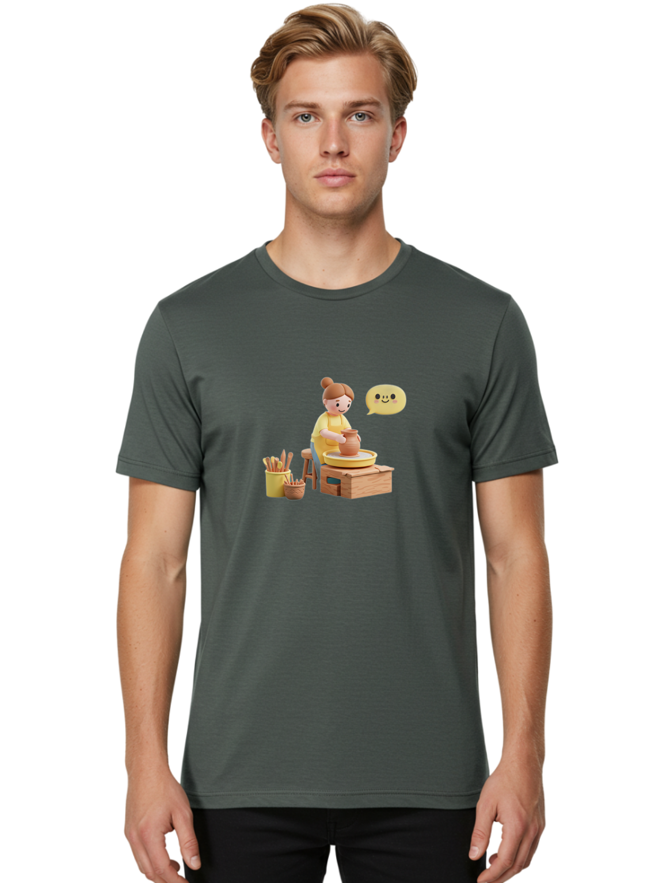 Potter Men'S Graphic Tee, 100% Cotton, Comfortable Casual Summer Wear, Machine Washable, Pottery Making, Ceramic Art, Potter'S Wheel, Creative Process, Pottery Tools, Craftsmanship, Clay Modeling, Happy Face, Creative Expression Bab241