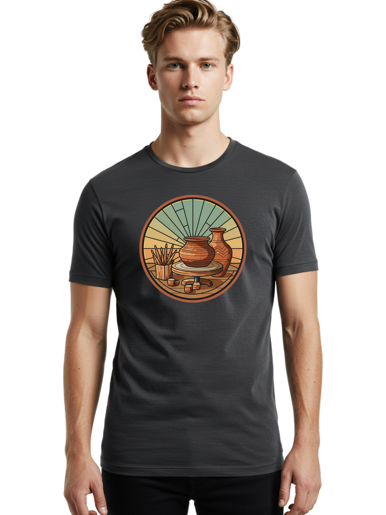Pottery-Wheel-Illustration Men'S Graphic Tee, 100% Cotton, Comfortable Casual Summer Wear, Machine Washable, Clay Pot On Pottery Wheel, Ceramic Art, Handmade Pottery, Pottery Tools, Clay Vase, Decorative Ceramics, Artisanal Craftsmanship, Bab254
