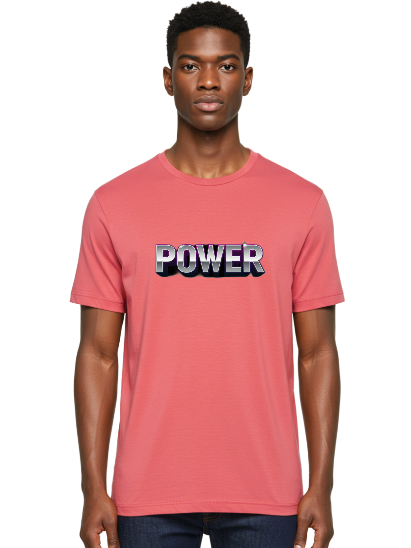 Power Men'S Graphic Tee, 100% Cotton, Comfortable Casual Summer Wear, Machine Washable, Power, Strength, Energy, Bold Font, Silver Text, 3D Effect, Chrome Finish, Motivational, Empowerment, Energy Boost Bab257