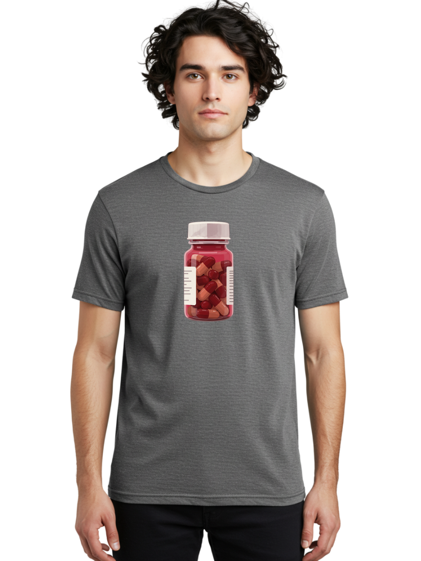 Prescription-Bottle Men'S Graphic Tee, 100% Cotton, Comfortable Casual Summer Wear, Machine Washable, Prescription Medication, Pharmaceuticals, Pill Bottle, Red And Beige Capsules, Medicine Container, Healthcare Supplements, Dietary Pills Bab258