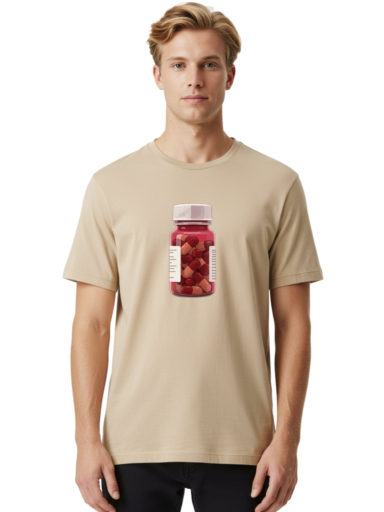Prescription-Bottle Men'S Graphic Tee, 100% Cotton, Comfortable Casual Summer Wear, Machine Washable, Prescription Medication, Pharmaceuticals, Pill Bottle, Red And Beige Capsules, Medicine Container, Healthcare Supplements, Dietary Pills Bab258