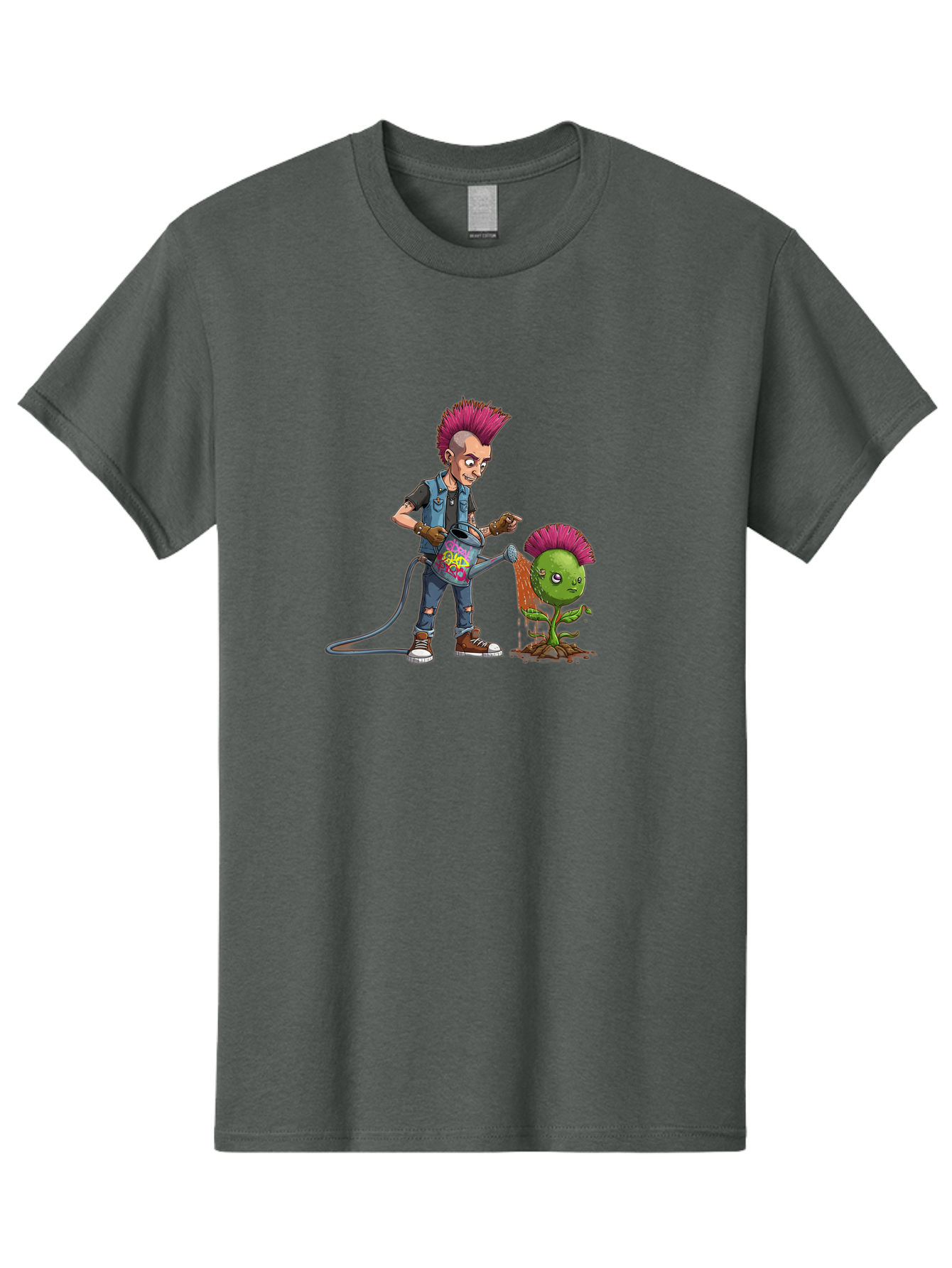 Punk-Watering-Plant Men'S Graphic Tee, 100% Cotton, Comfortable Casual Summer Wear, Machine Washable, Punk Rock Character, Mohawk Hairstyle, Watering Can, Graffiti Art, Punk Plant, Urban Gardening, Street Culture, Vibrant Colors, Bab260