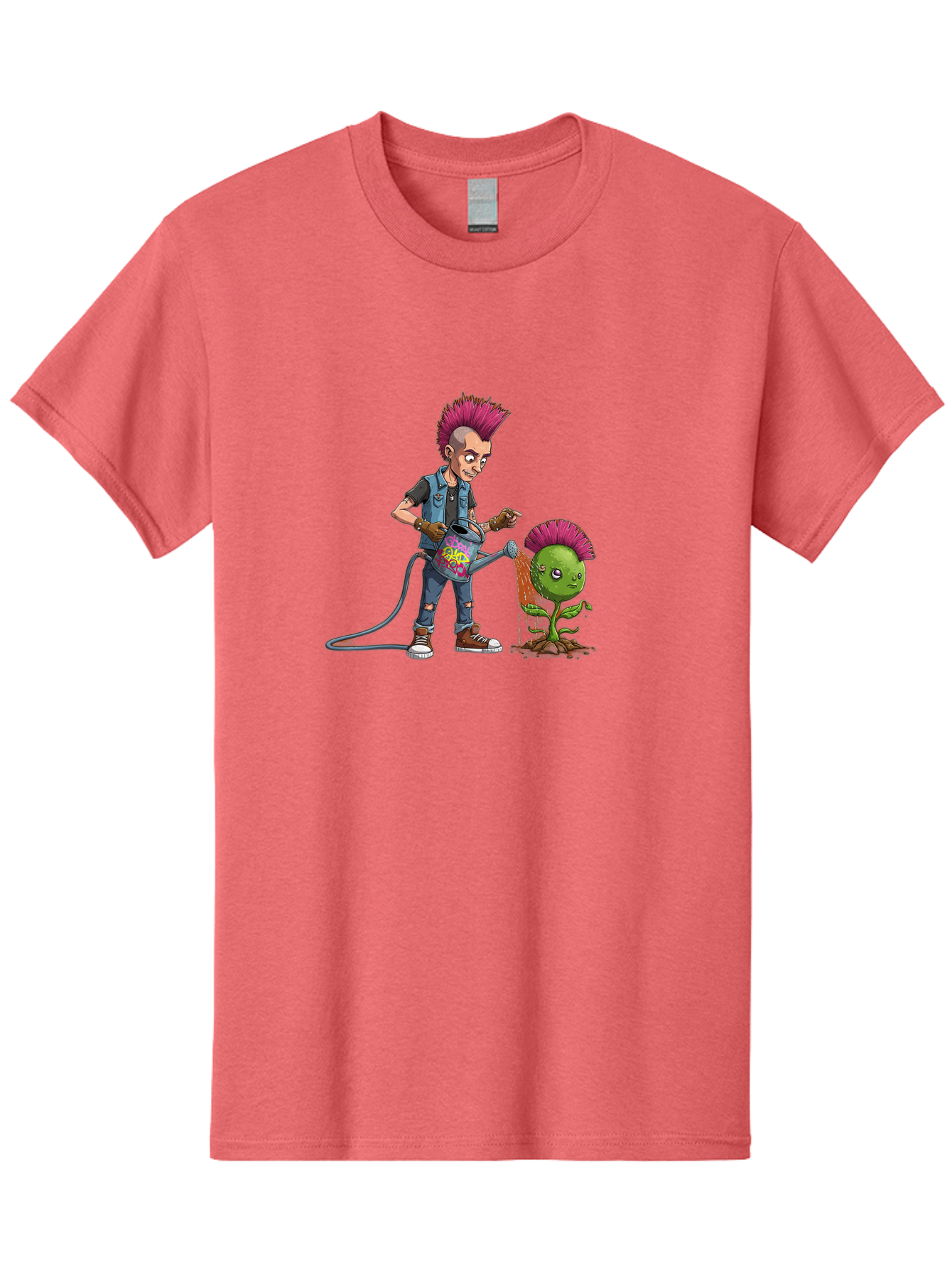 Punk-Watering-Plant Men'S Graphic Tee, 100% Cotton, Comfortable Casual Summer Wear, Machine Washable, Punk Rock Character, Mohawk Hairstyle, Watering Can, Graffiti Art, Punk Plant, Urban Gardening, Street Culture, Vibrant Colors, Bab260