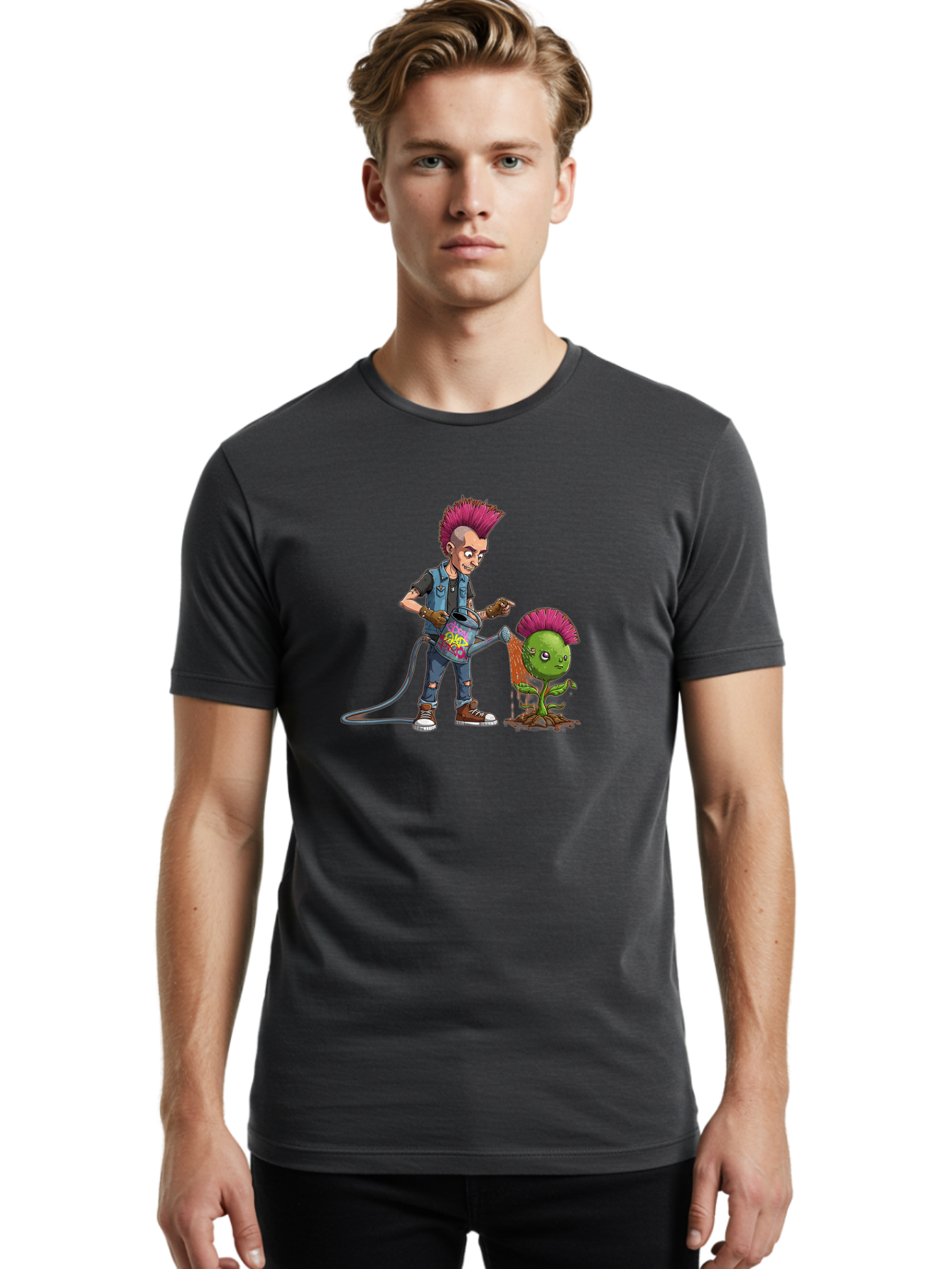 Punk-Watering-Plant Men'S Graphic Tee, 100% Cotton, Comfortable Casual Summer Wear, Machine Washable, Punk Rock Character, Mohawk Hairstyle, Watering Can, Graffiti Art, Punk Plant, Urban Gardening, Street Culture, Vibrant Colors, Bab260